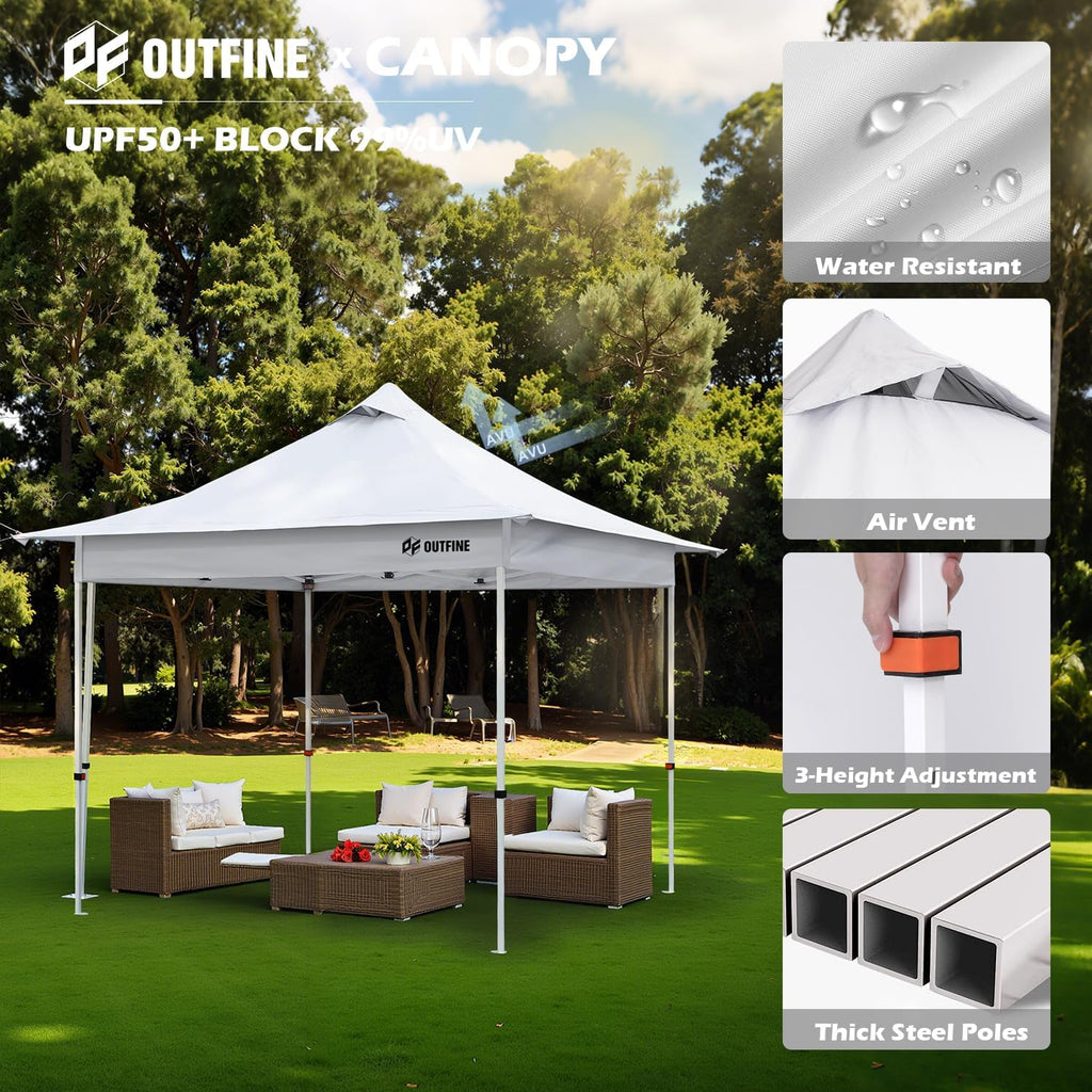 OUTFINE 10×10 Pop Up Canopy-Heavy Duty Canopy Tent with Sturdy Metal Frame(8×8 Base), Carrying Bag, Sandbags×4,Tent Stakes×8 for Events,Camping&Parties(White,10 * 10FT)