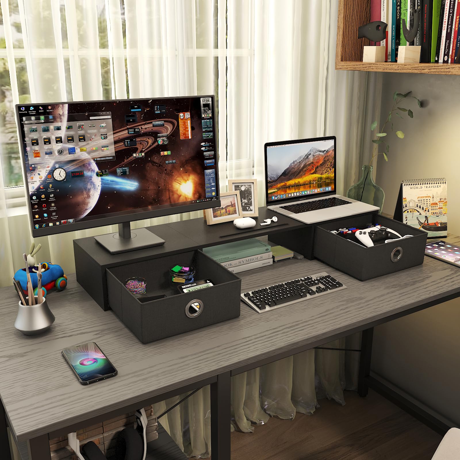 WESTREE Dual Monitor Stand Riser with Two Drawers, Extra Large Storage Monitor Stand for 2 Monitors, Desktop Oraganizer Stand for Computer,Laptop,Screen,Printer,TV