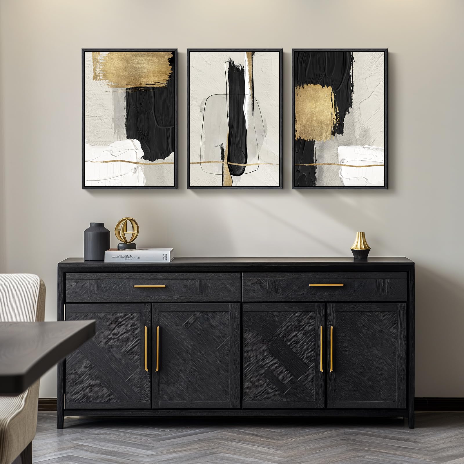Framed Black and White Modern Abstract Wall Art, 3 Piece Canvas Prints Paintings Artwork for Walls, Minimalist Black White Grey Pictures for Living Room Dining Room Bedroom Office Wall Decor 16x24 In