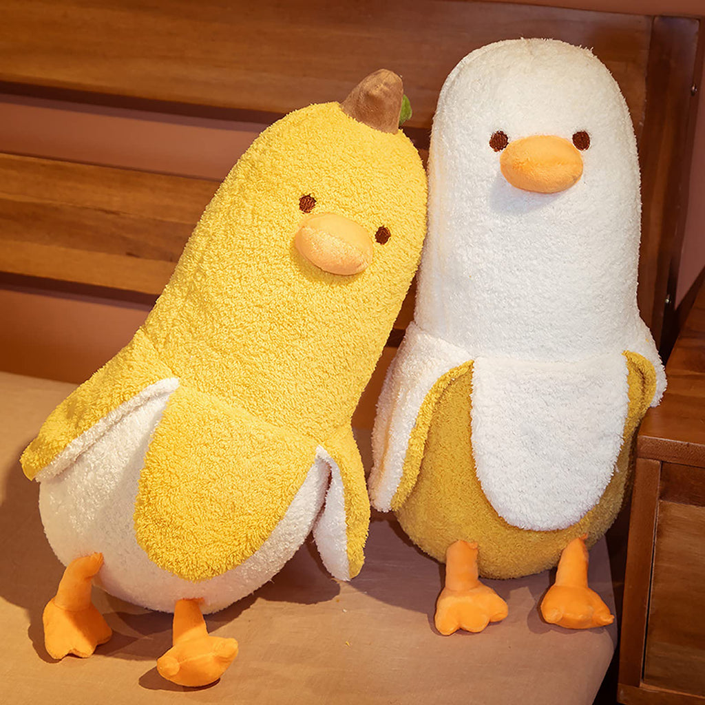 PEACH CAT Cute Banana Duck Stuffed Animal Long Banana Chef Duck Plush Pillow for Girls and Boys White 12"