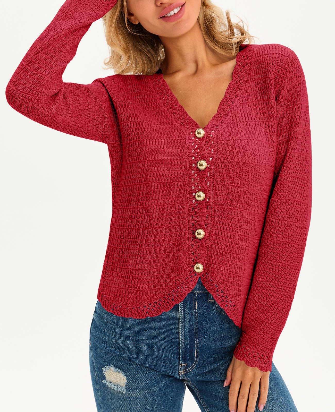 Saodimallsu Womens V Neck Cardigan Sweaters Button Up Cropped Boho Knit Long Sleeve Loose Trendy Sweater Tops