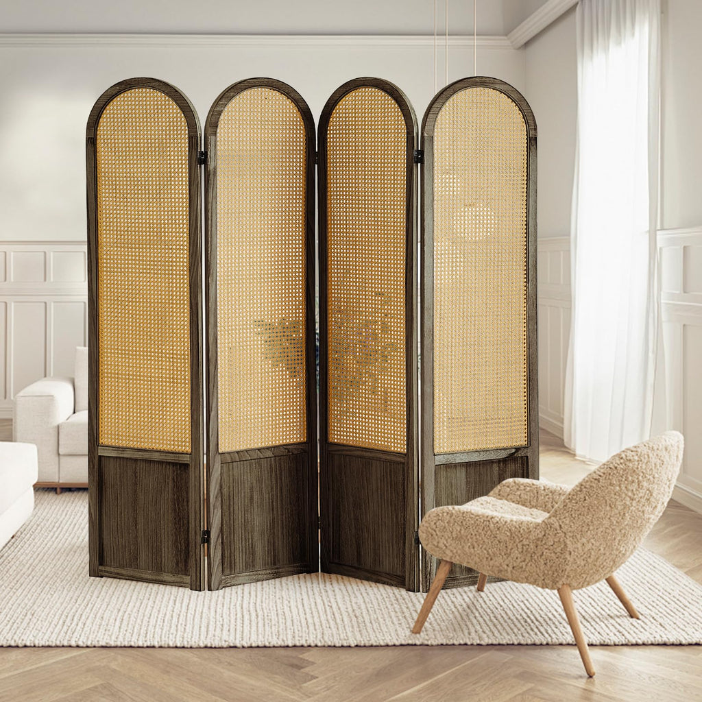 Hand-Woven Rattan Room Divider 3 Panels, 5.9 Ft Tall Wood Room Divider Panel, Partition Screen Divider Wall, Folding Privacy Screen, Wall Divider for Room Separation Home Office - Black