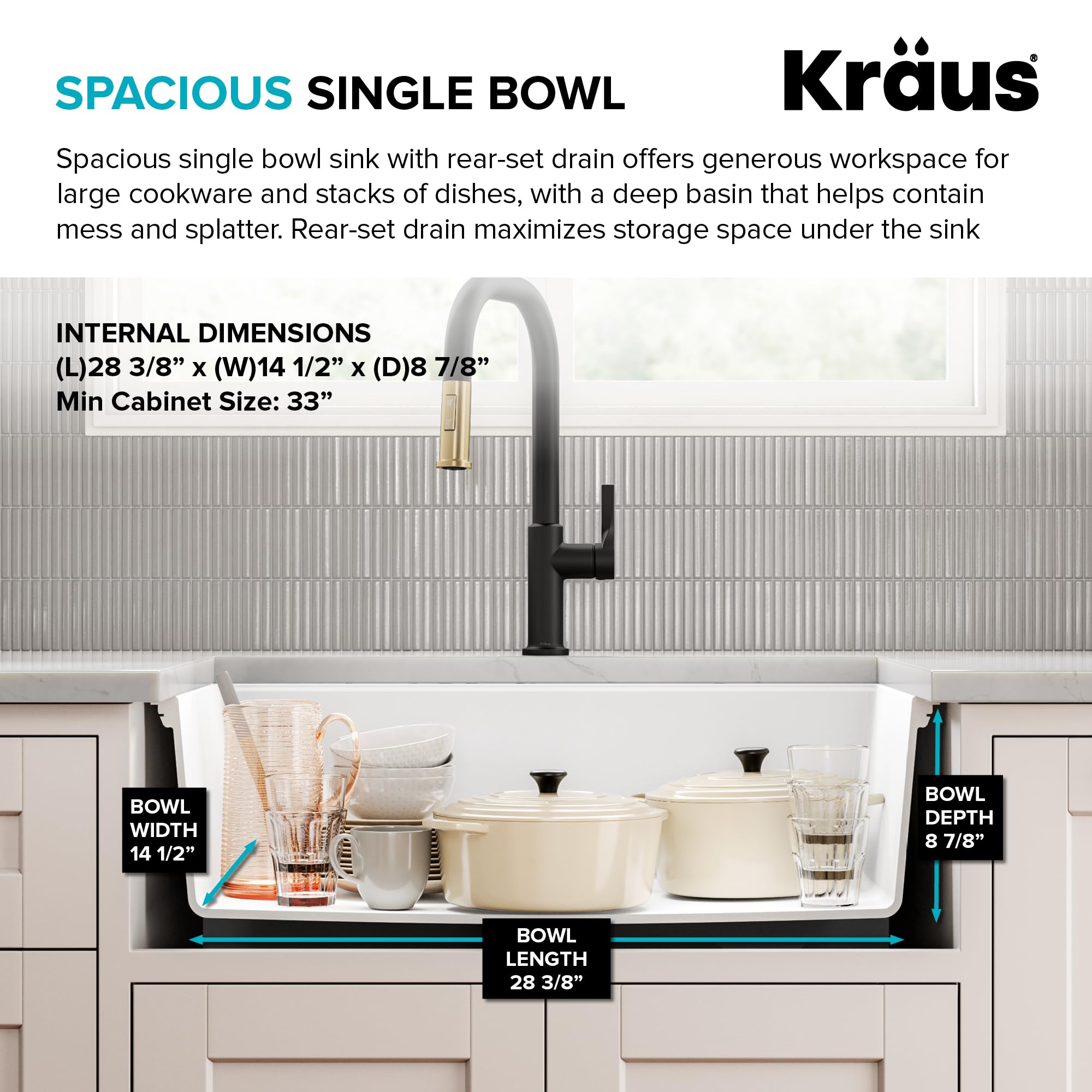 KRAUS Quarza 31-inch Undermount Single Bowl Granite Kitchen Sink in Black Onyx, KGU-413B