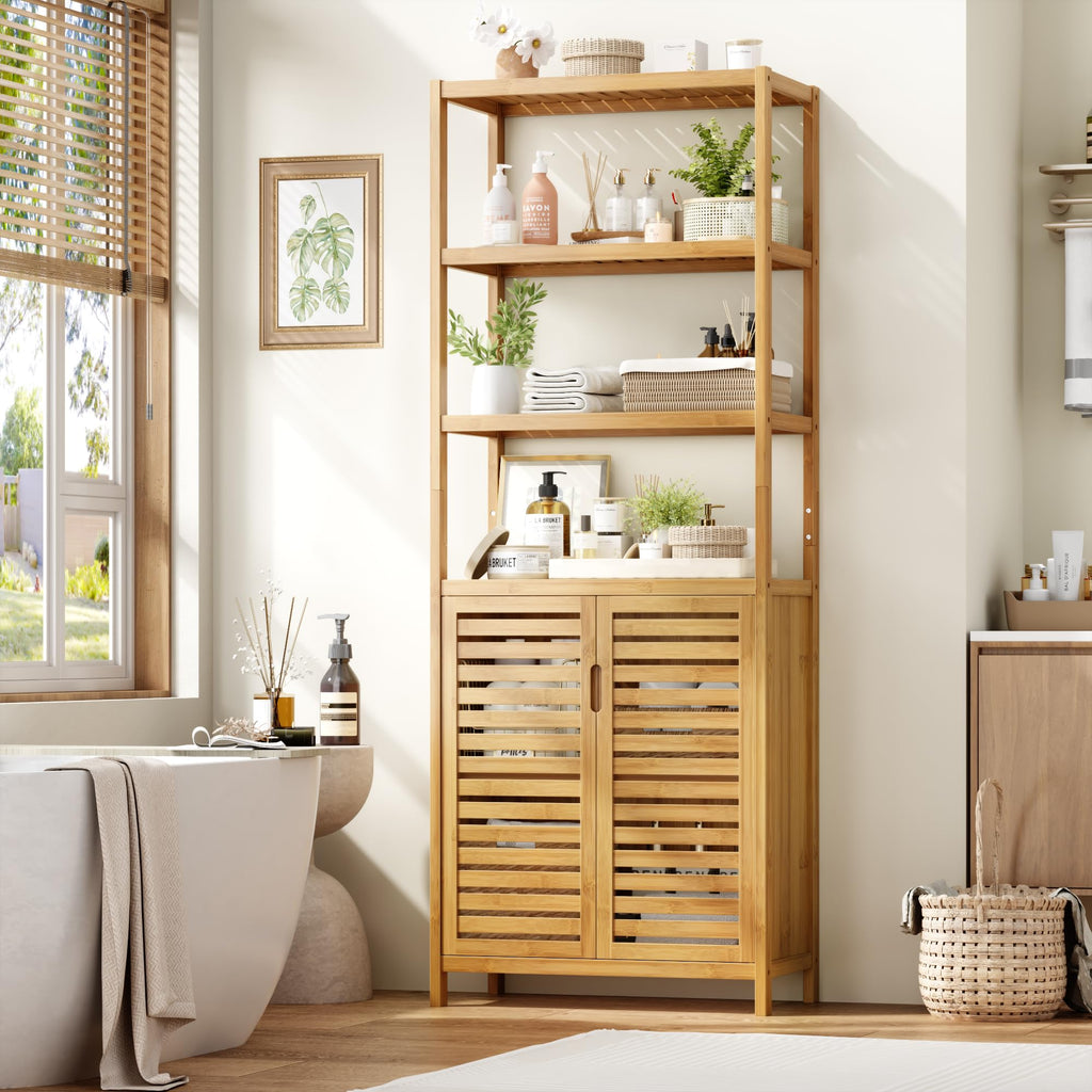 HIFIT Tall Bathroom Storage Cabinet, 66" Bamboo Narrow Bathroom Floor Cabinet with 2 Door & 4-Tier Open Shelves, Corner Tall Cabinets Freestanding Organizer Unit for Bath, Living Room, Entryway,Nature