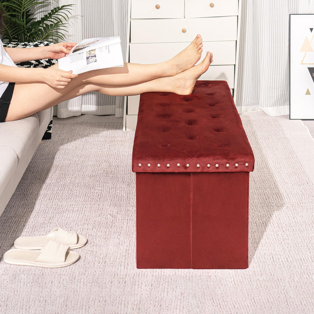 B FSOBEIIALEO Storage-Ottoman Cube-Folding Tufted - Ottomans with Storage, Coffee Table Top Cover, Storage Boxes Footrest Stool for Bedroom, Luxury Velvet Fabric 15.7 Inches Black