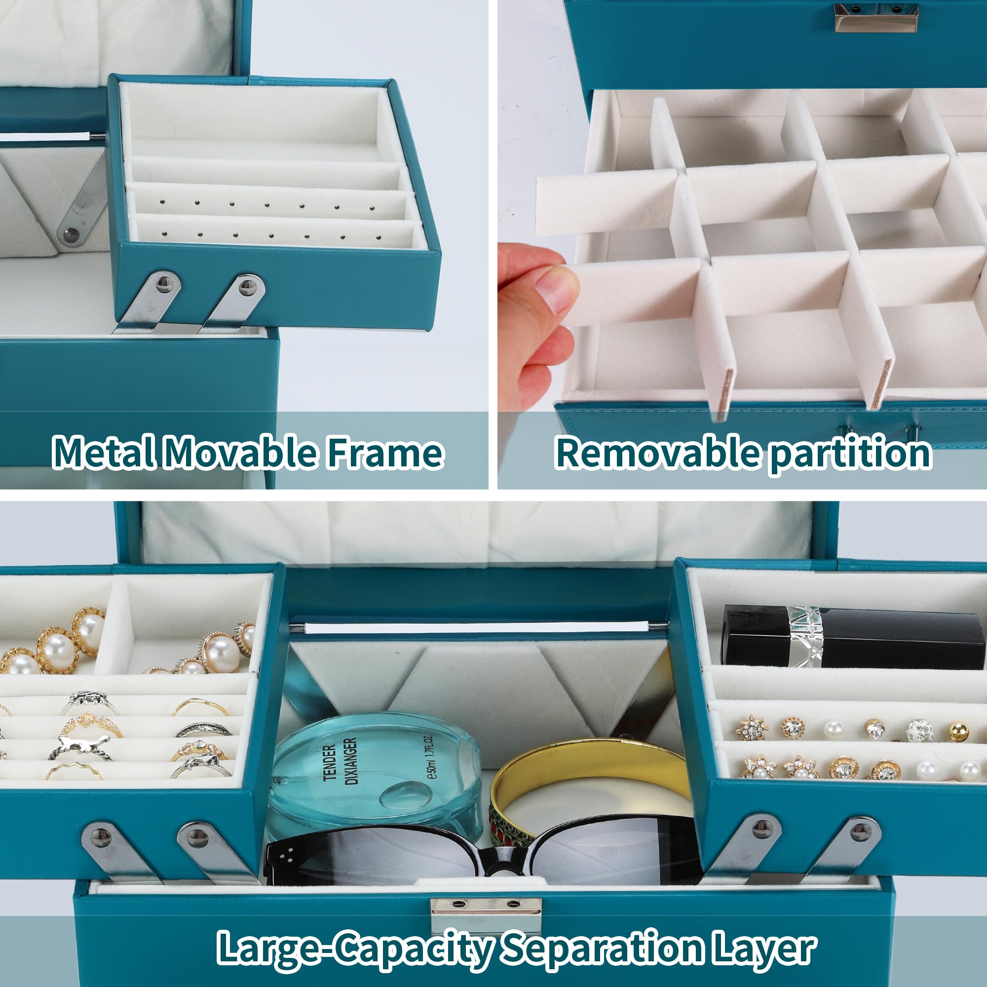 Dajasan Jewelry Organizer Box, Large Jewelry Boxes for Women Girls, Space-Saving 4 Layers Jewelry Storage Case with Drawer, Movable Metal Stand, Modern, Gift Idea (Green)