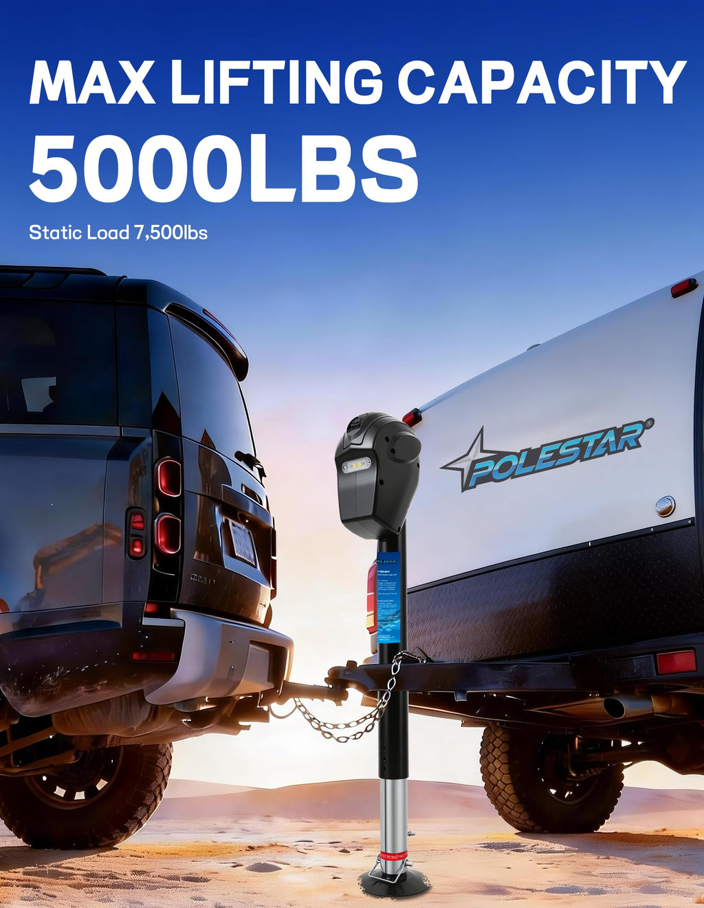 POLESTAR Electric Trailer Jack, 3500lbs Electric Power A- Frame Tongue Jack with Waterproof Protective Cover & LED Light for Travel Trailer Camper, RV, 12V DC with Hard Wiring, 9"-27" Lift