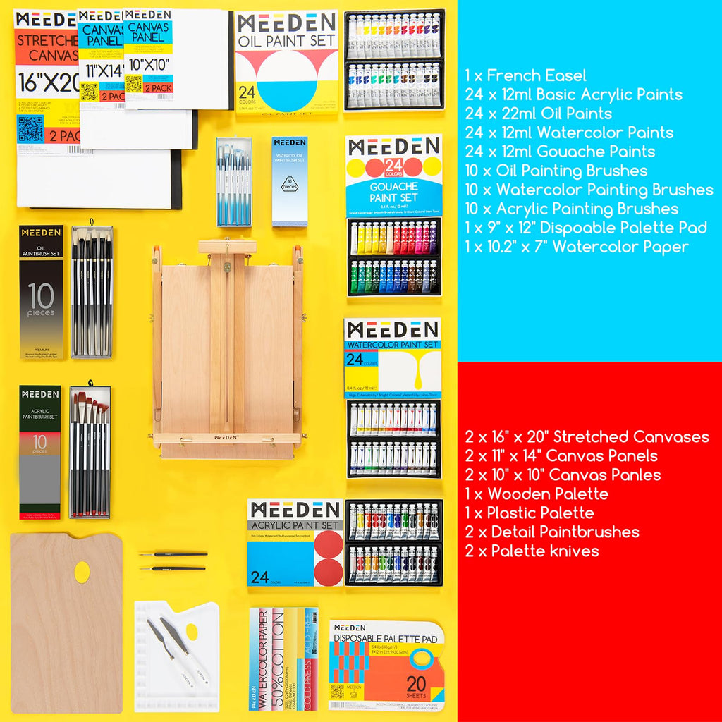 MEEDEN Professional Art Supplies - 142PCS All-in-one Painting Kits for Adults, Beechwood Easel, Aluminum Alloy Bracket, 30 Quality Brushes, 96 Paints & Other Professional Art Supplies.