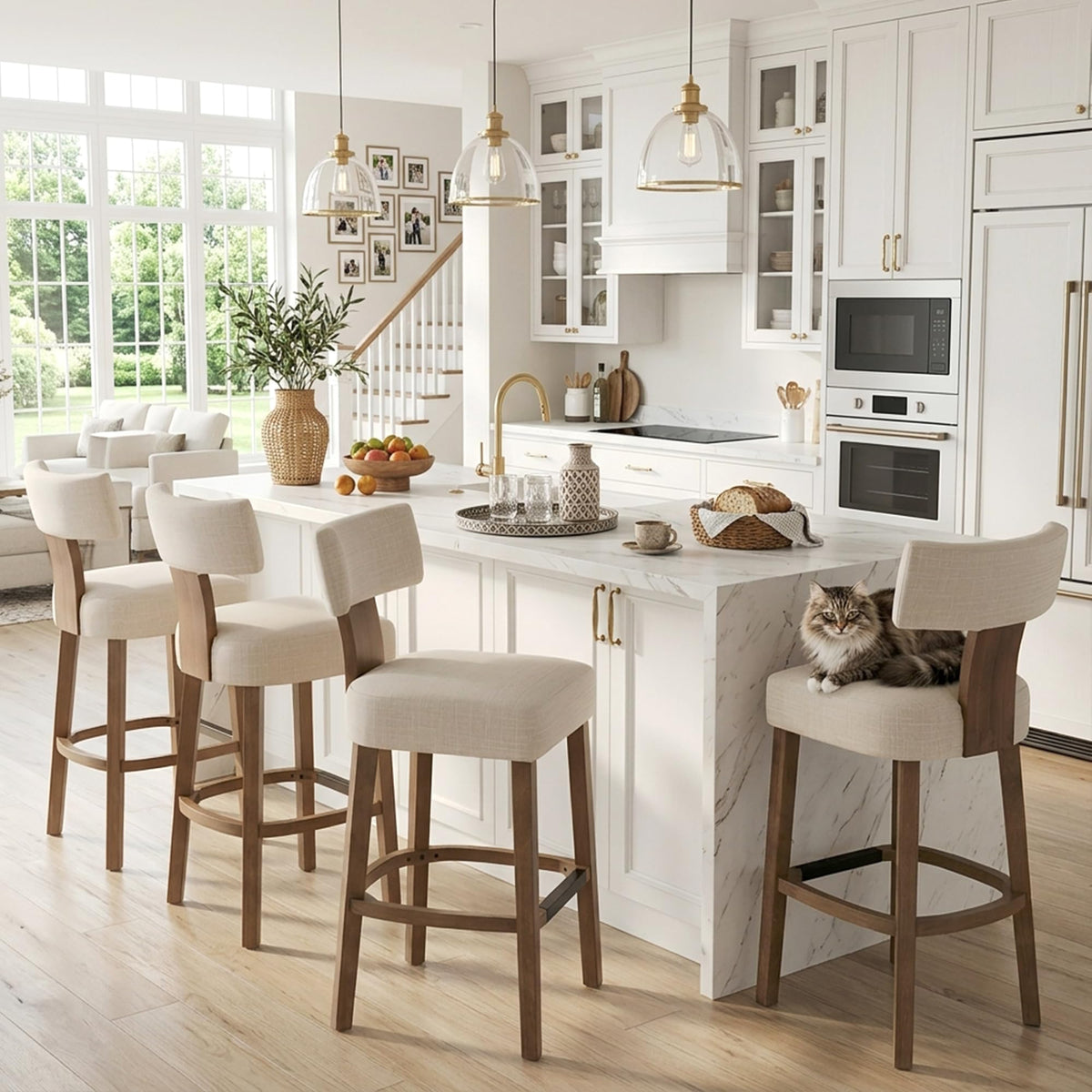 Farmhouse 30'' Extra Tall Bar Stools Set of 2 Modern Counter Height Barstools with Backs Rustic Wood Bar Stools Linen Upholstered Counter Chairs Kitchen Island Stool Chairs with Wood Frame, Beige