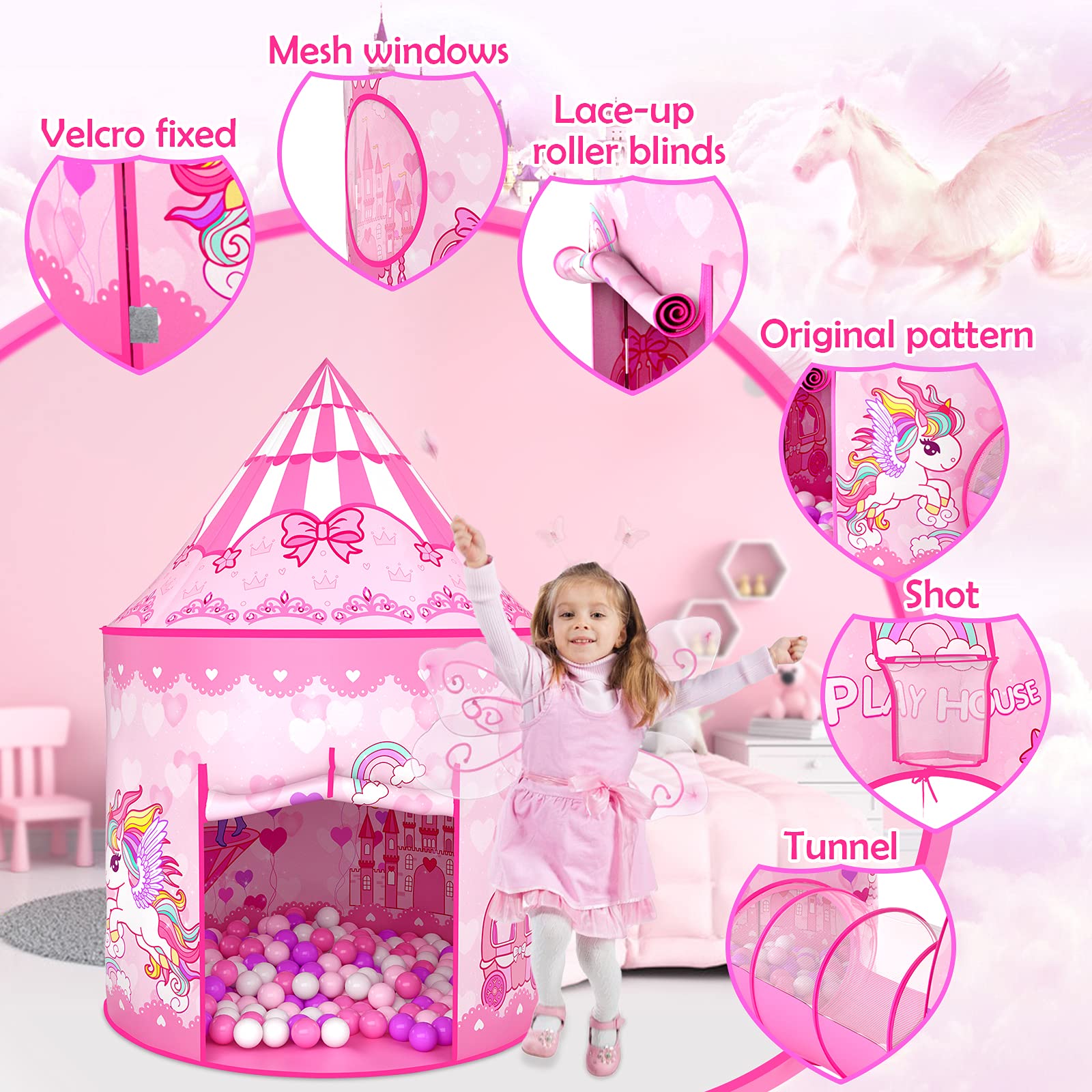 GeerWest 3PC Dinosaur Tent for Girls with Kids Ball Pit, Kids Play Tents and Crawl Tunnel for Toddlers, Pink Pop Up Playhouse Toys for Baby Indoor& Outdoor Tent Games, Birthday Kid’s Gifts