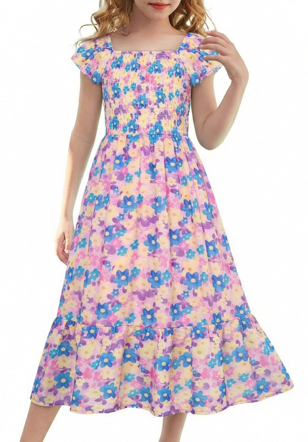 GRACE KARIN Girls Flutter Sleeve Floral Dresses Girl Long Midi Spring Dress Kids Smocked Flare Summer Dress 6-16Y
