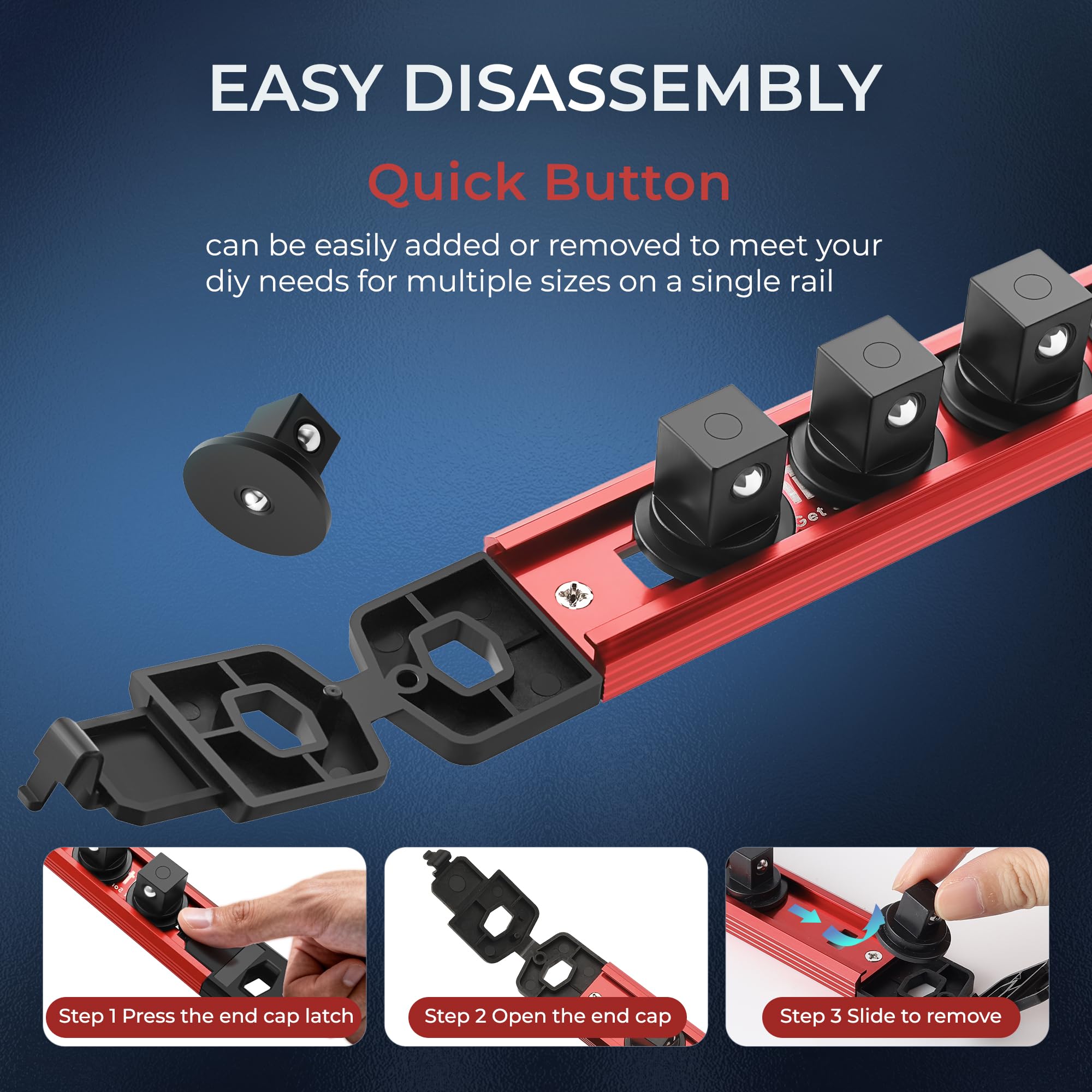 Reniteco Magnetic Socket Organizer Set, 3-Piece 1/2" 3/8" 1/4" Drive Aluminum Alloy Socket Holder with 40PC 360° Swivel Removable Clips, Magnetic Socket Rail for Tool Box Drawer, Black