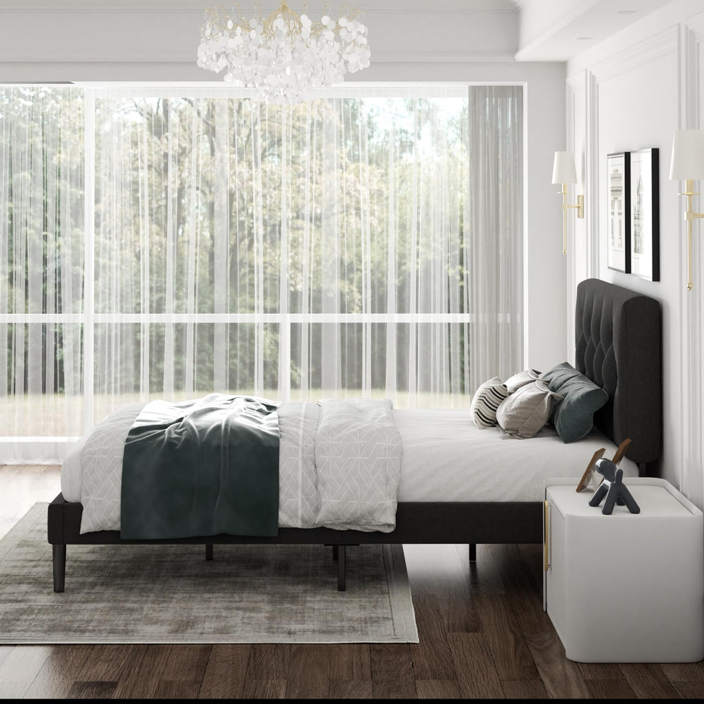 CXVX Full Size Platform Bed Frame with Upholstered Headboard, Button Tufted Design, Strong Wooden Slats, No Box Spring Needed, Easy Assembly, Noise Free