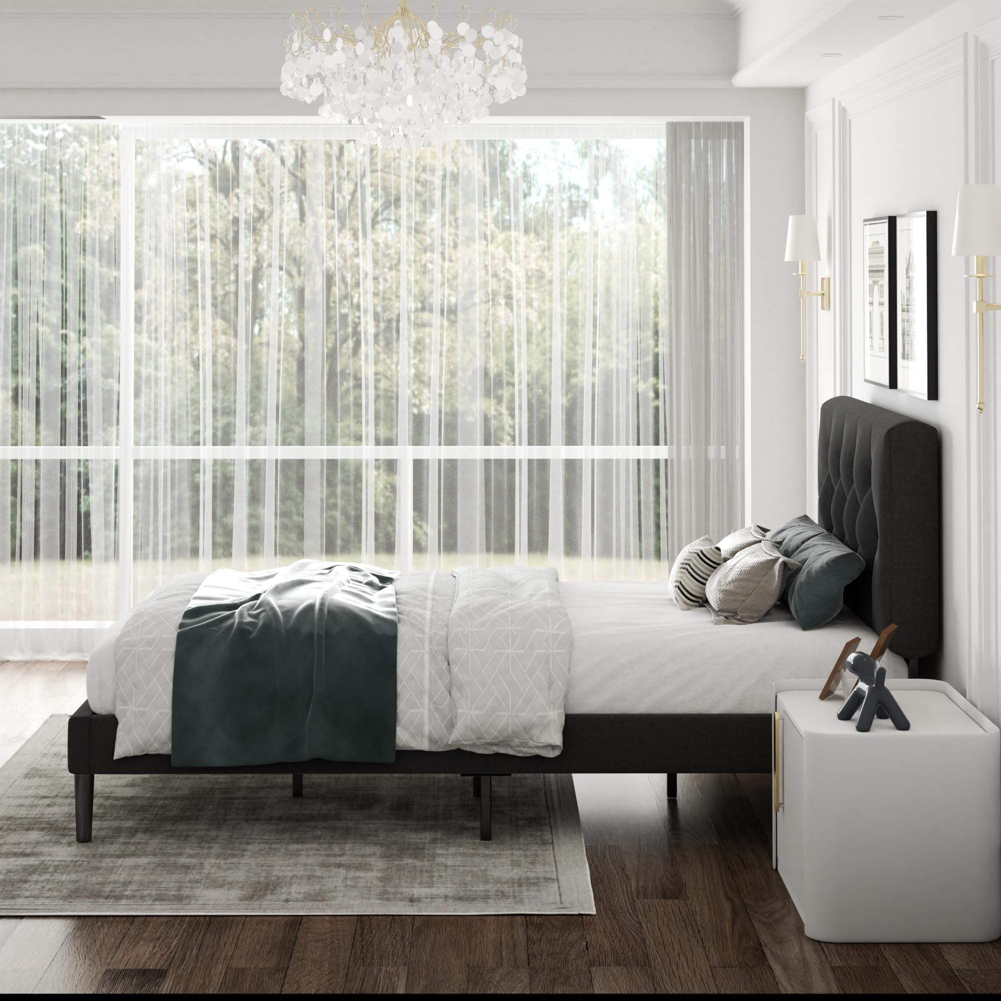 CXVX Full Size Platform Bed Frame with Upholstered Headboard, Button Tufted Design, Strong Wooden Slats, No Box Spring Needed, Easy Assembly, Noise Free