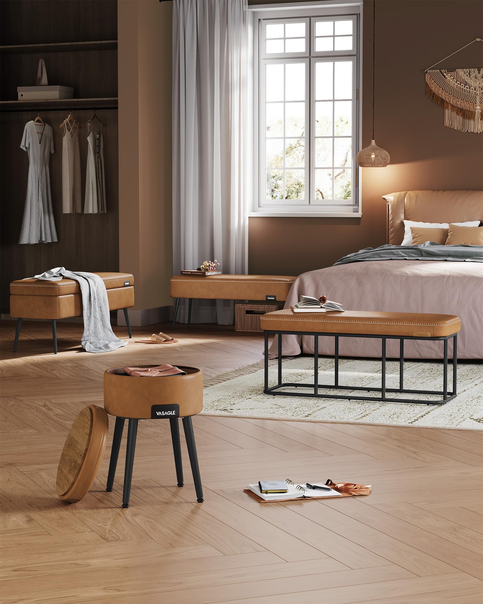 VASAGLE EKHO Collection - Storage Ottoman Bench, Entryway Bedroom Bench, 15 Gallons, Synthetic Leather with Stitching, Mid-Century Modern, Safety Hinges, Loads 660 lb, Caramel Brown ULOM074K01