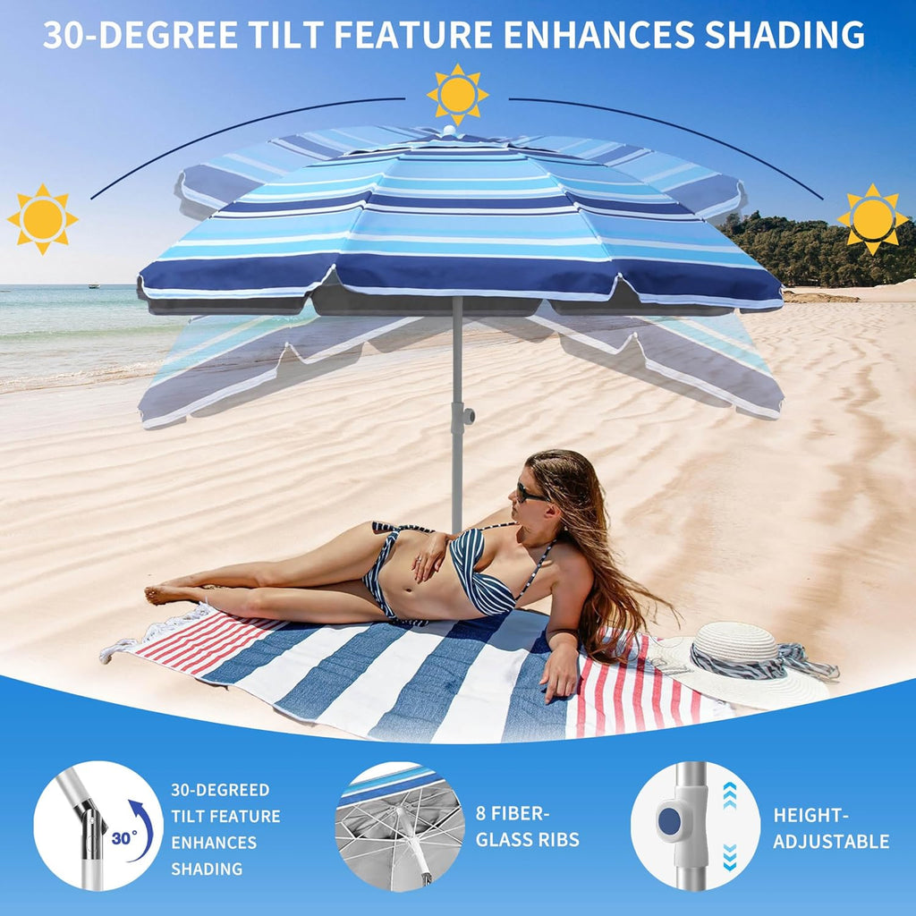 Deluwire 7ft Heavy Duty High Wind Beach Umbrella Parasols with sand anchor & Tilt Sun Shelter, UV 50+ Protection Outdoor Sunshade Umbrellas Carry Bag for Patio Garden Pool Backyard Stripe Blue insert completely into the sand