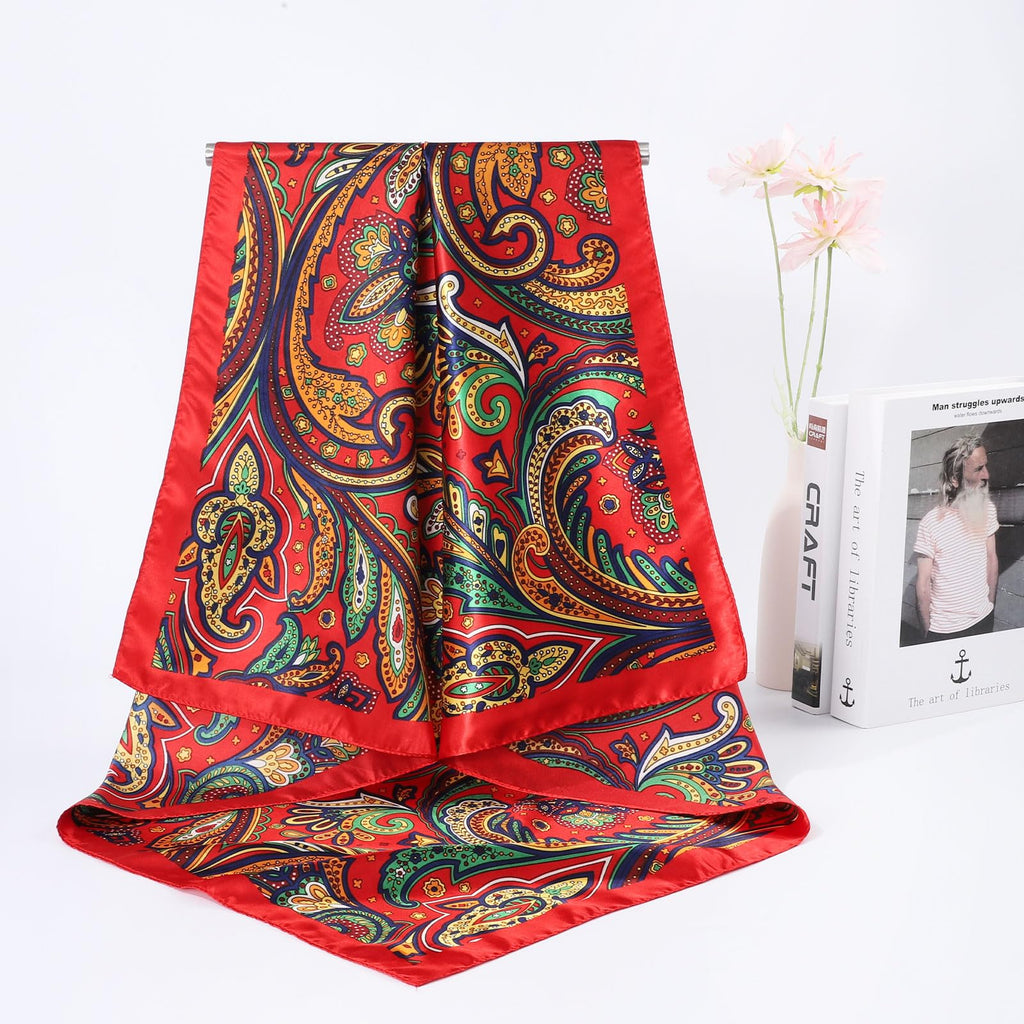 AWAYTR 35” Large Satin Square Head Scarf - 2Pcs Silk Like Floral Head Scarves Square Satin Hair Scarf Bandanas for Women