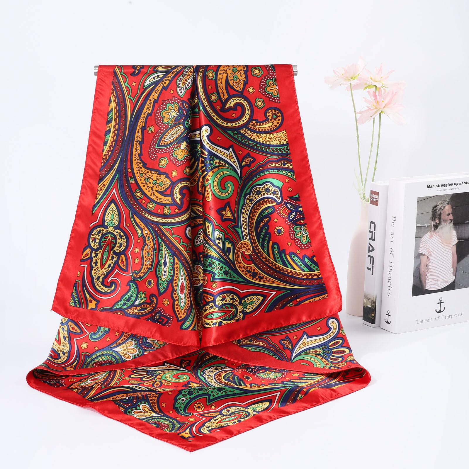 AWAYTR 35” Large Satin Square Head Scarf - 2Pcs Silk Like Floral Head Scarves Square Satin Hair Scarf Bandanas for Women