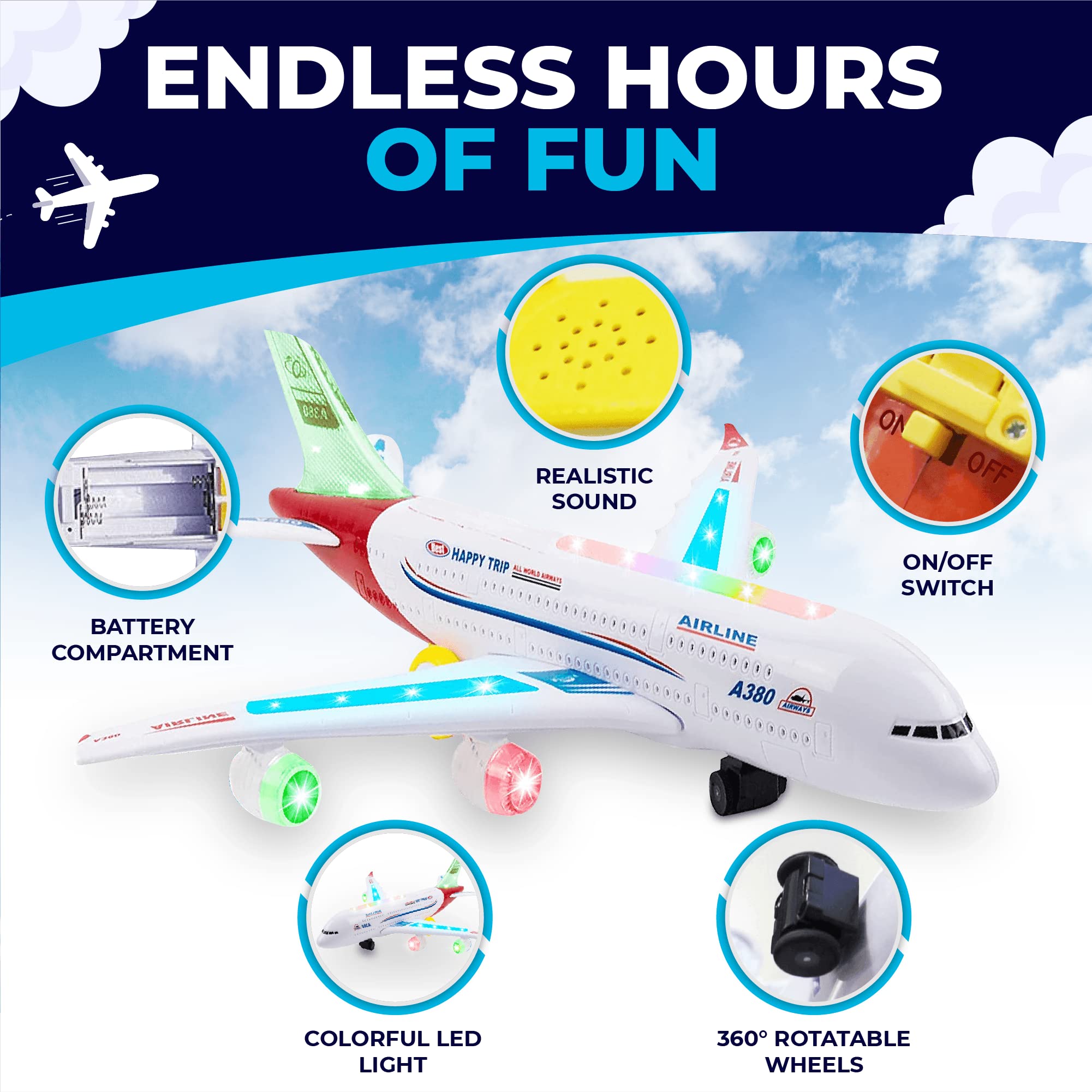 Toysery Airbus A380 Toy Airplane for Kids, Large Bump and Go Airplane Toy with LED Lights, Real Sounds & Propeller, Battery Powered Electric Plane Toy for Toddlers Boys & Girls Ages 3-12