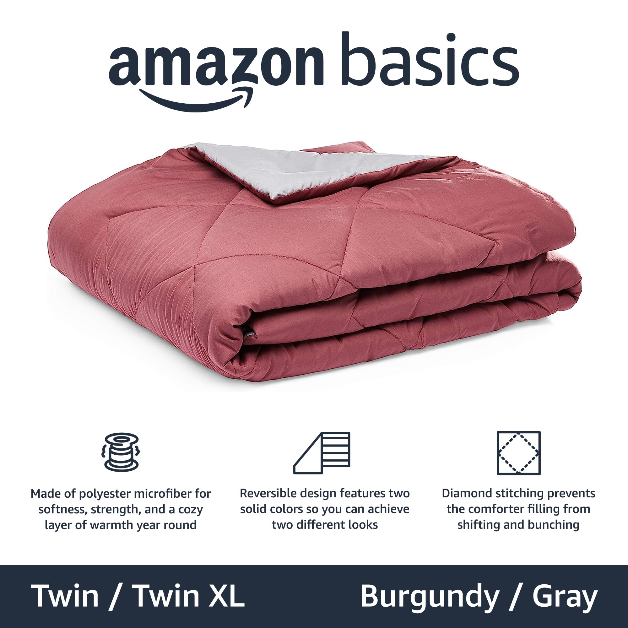Amazon Basics Reversible Lightweight Microfiber All Season Comforter Blanket, Twin/Twin XL, Burgundy/Grey (Pack of 2)