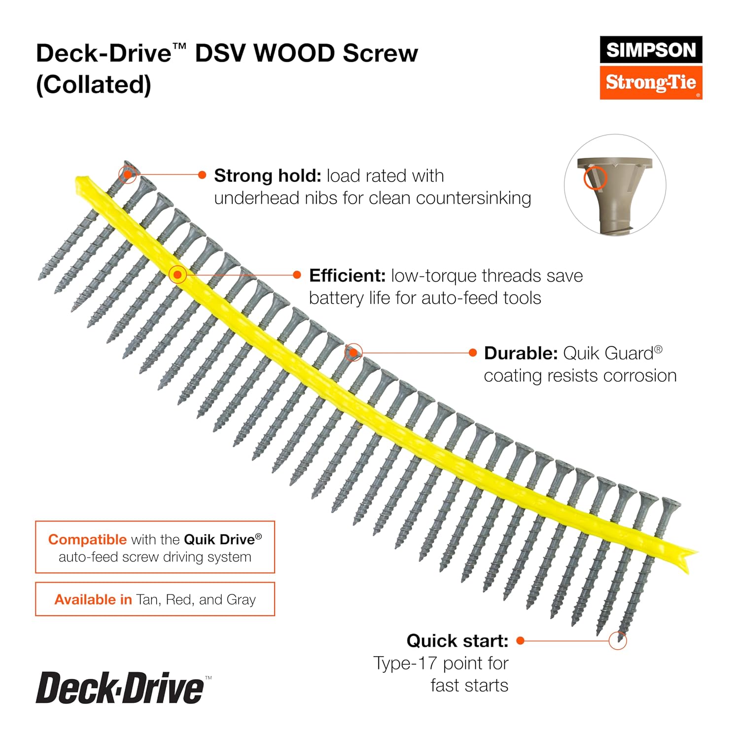 Simpson Strong-Tie DSVT212S Deck-Drive DSV Wood Screw (Collated) - #10 x 2-1/2 in. T-25 6-Lobe, Rimmed Flat Head, Quik Guard Coating, Low-Torque Threads, Tan (1000-Qty)