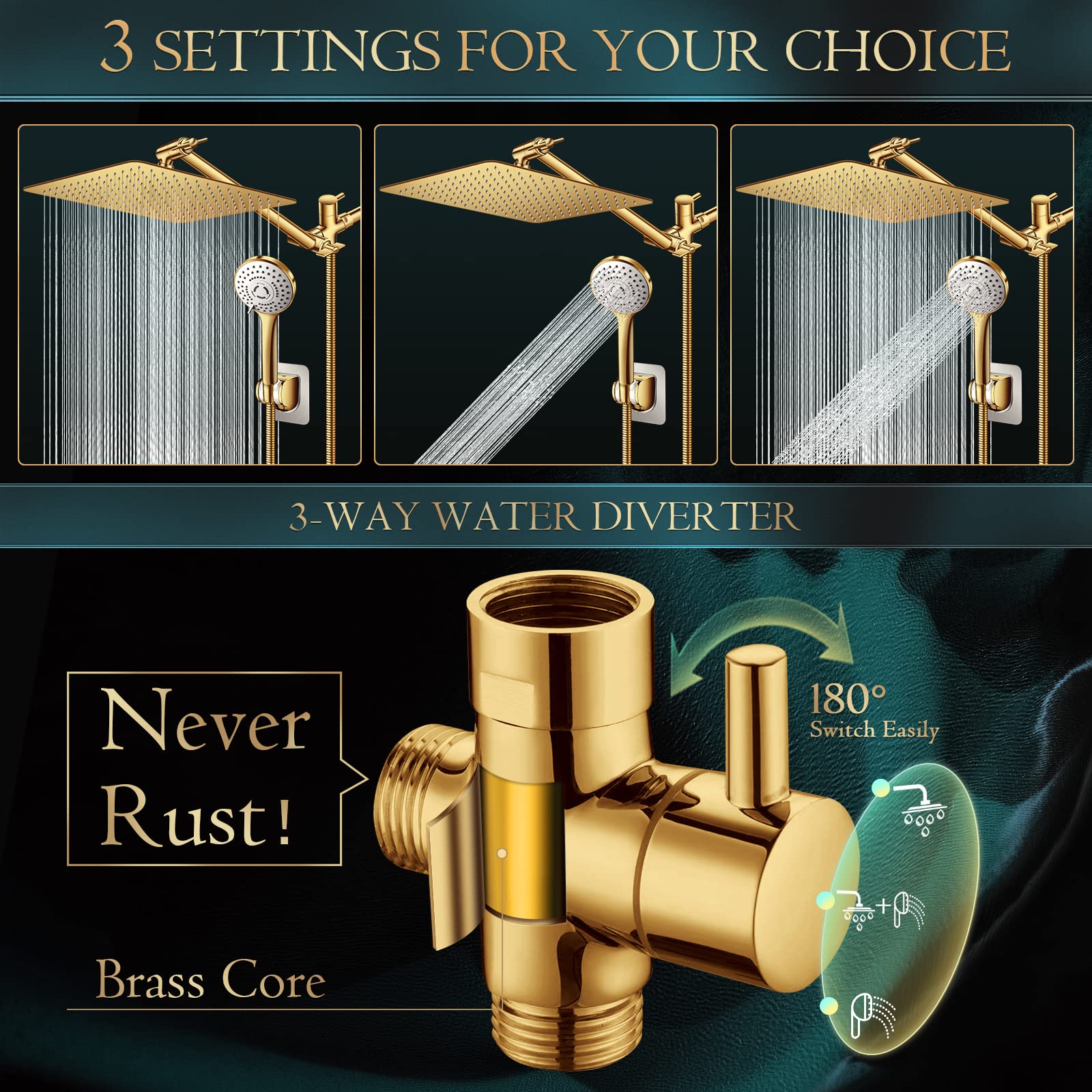Shower Head Combo(Brushed Nickel),8 Inch High Pressure Rain Shower Head with 11 Inch Adjustable Extension Arm and 5 Settings Handheld Shower Head Combo,Powerful Shower Spray Against Low Pressure Water