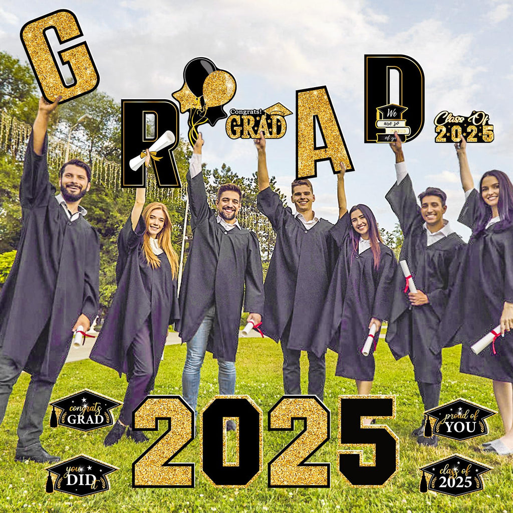 Multiwins 16 PCS Graduation Yard Signs, Black Gold Graduation Yard Signs Class Of 2025, 16 Inches Large Congrats Grad 2025 Yard Signs with Stakes For 2025 Graduation Decorations