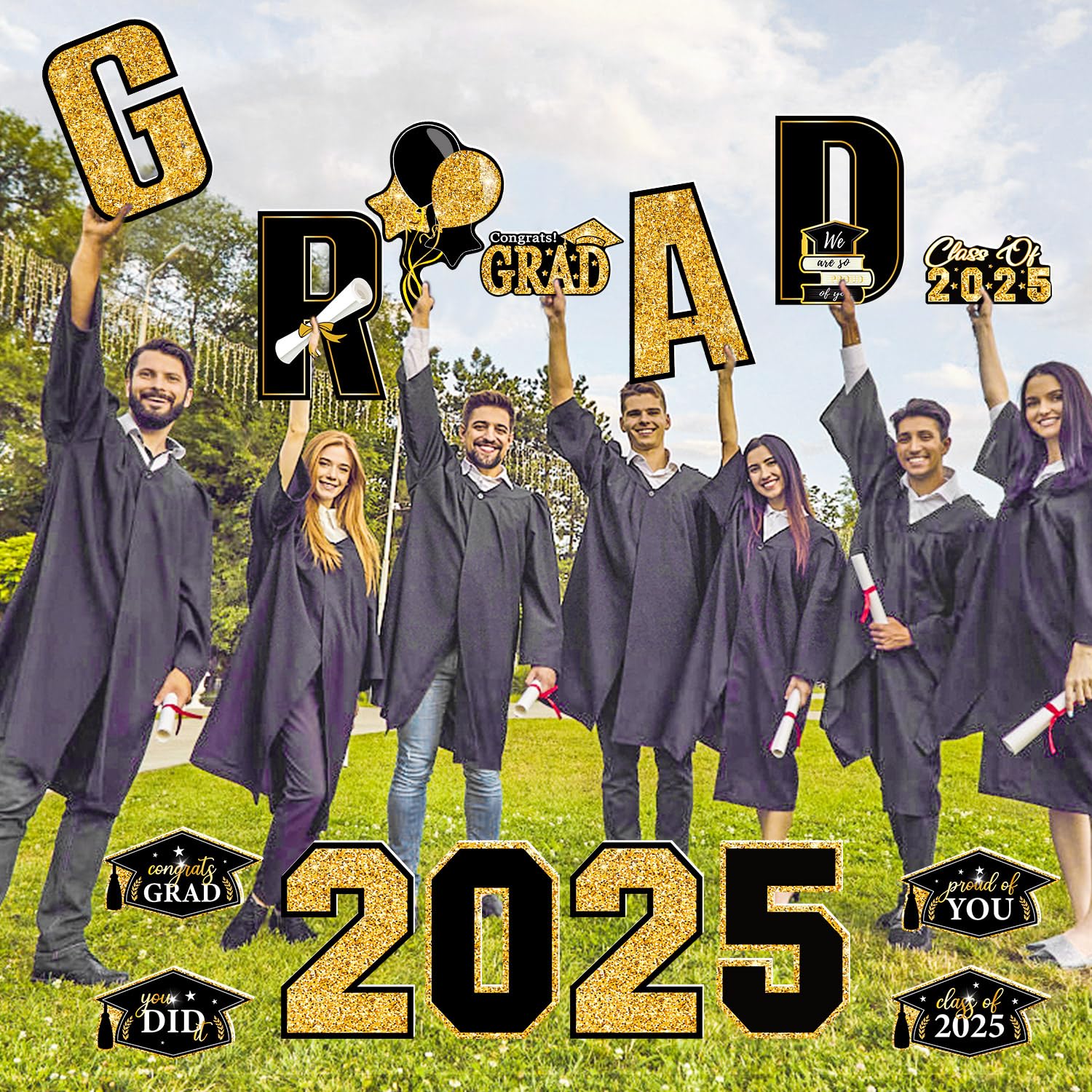 Multiwins 16 PCS Graduation Yard Signs, Black Gold Graduation Yard Signs Class Of 2025, 16 Inches Large Congrats Grad 2025 Yard Signs with Stakes For 2025 Graduation Decorations