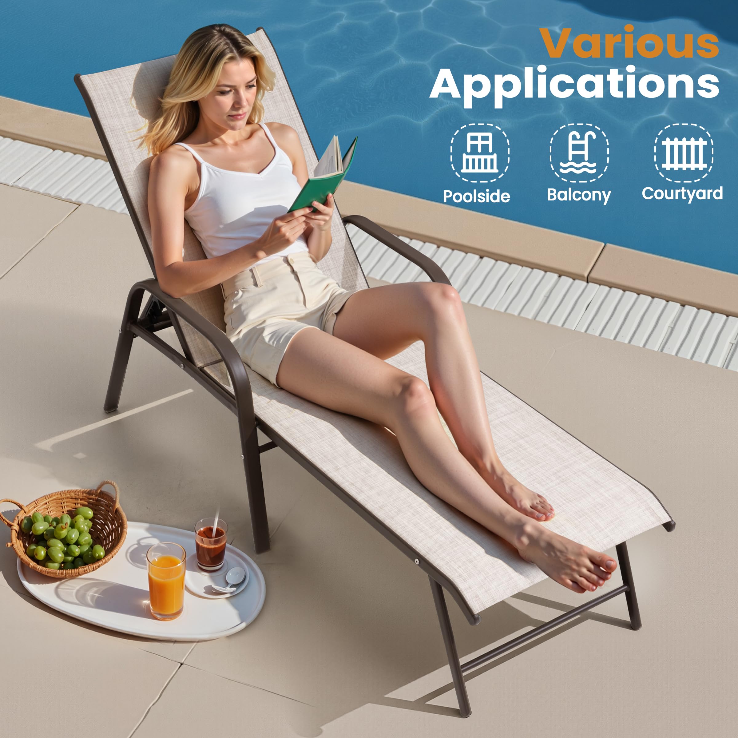 Crestlive Products Chaise Lounge Chair Outdoor with Armrests, Pool Lounge Chairs Set of 2, Aluminum Adjustable 5 Positions Sun Tanning Lounger for Patio, Poolside, Yard, Deck, Backyard (Beige)