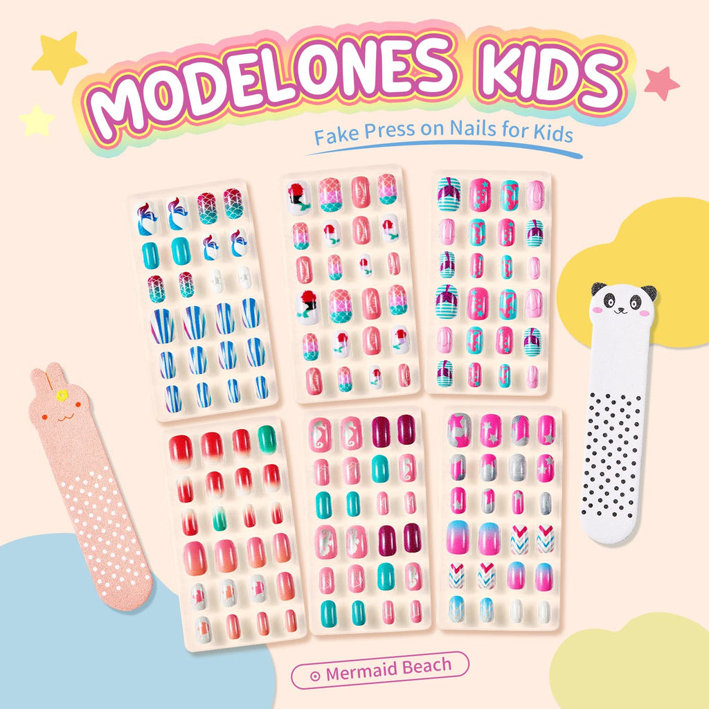 Modelones Press on Nails for Kids 144Pcs 6 Pack Children Acrylic Fake Nails Pre-glue Full Cover Glitter Gradient Color Heart Cat Short False Nail Art Kits Sets Christmas Gifts for Kids Girls