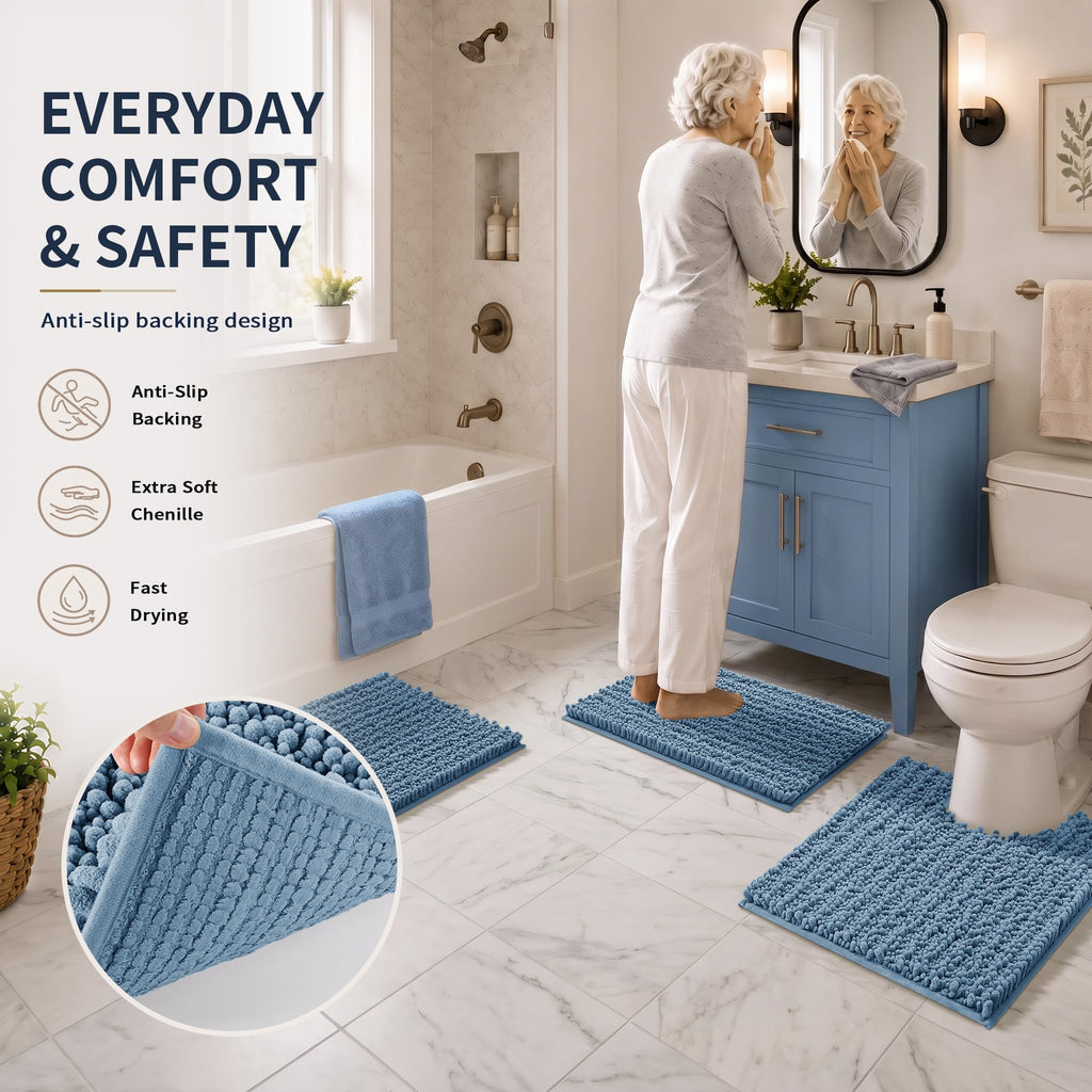Yimobra Black Bathroom Rug Set 3 Piece - Super Absorbent Quick Dry Chenille Bath Mats & Toilet Rug, Non Slip Machine Washable, Extra Thick Shaggy Floor Mat for Shower Tub Sink