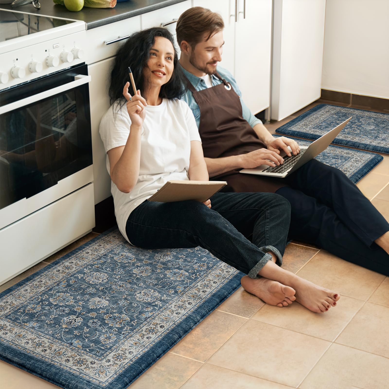 KIMODE Anti Fatigue Kitchen Mats 17"x47"+17"x29", Farmhouse Kitchen Rugs Sets of 2, Cushioned Non Skid Kitchen Mats for Floor, Comfort Kitchen Floor Mats for Sink Laundry Desk Black