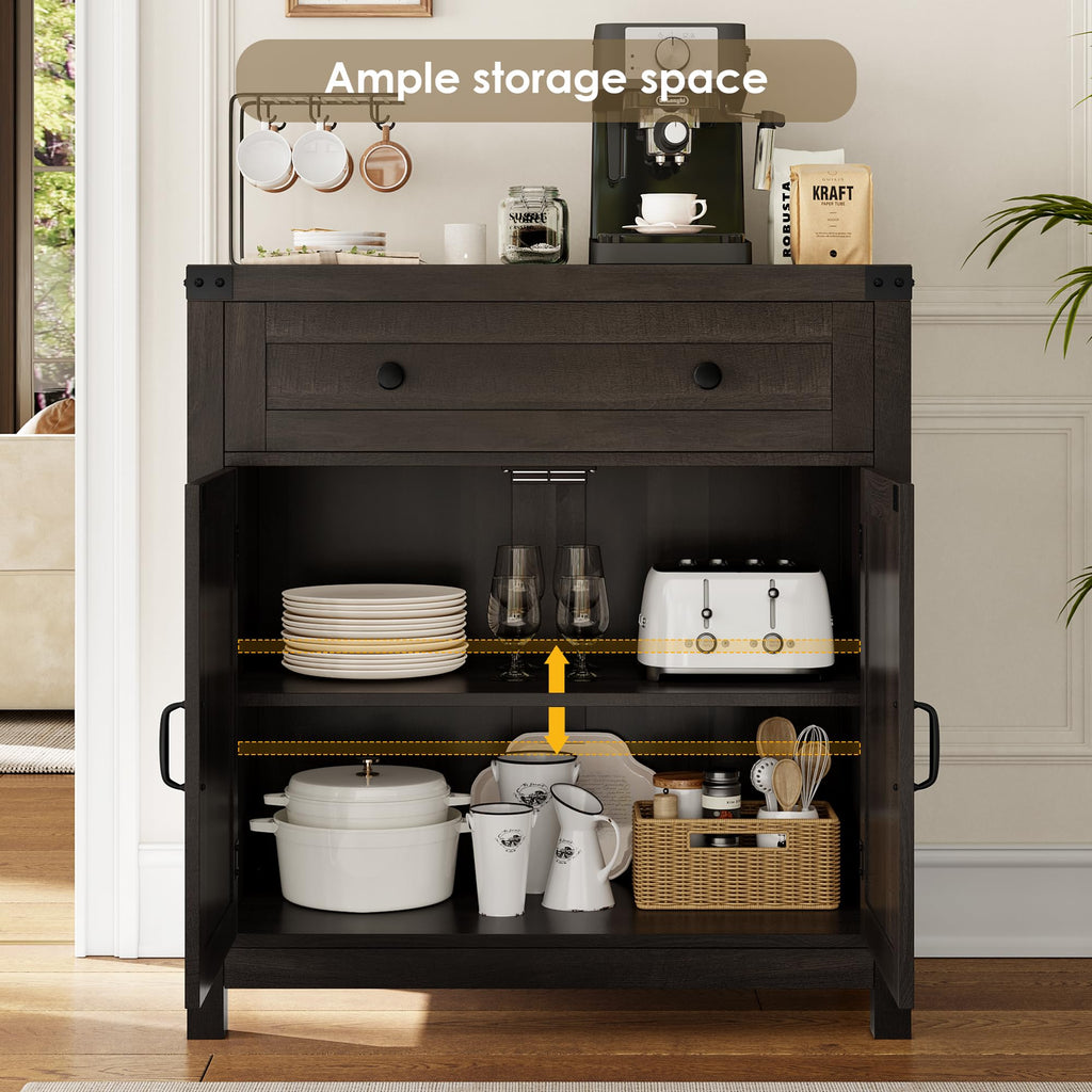 HOSTACK Coffee Bar Cabinet, Kitchen Storage Cabinet, Modern Farmhouse Buffet Sideboard with Drawer and Adjustable Shelf, Barn Door Accent Cabinets for Kitchen, Dining Room, Entryway, Ash Grey
