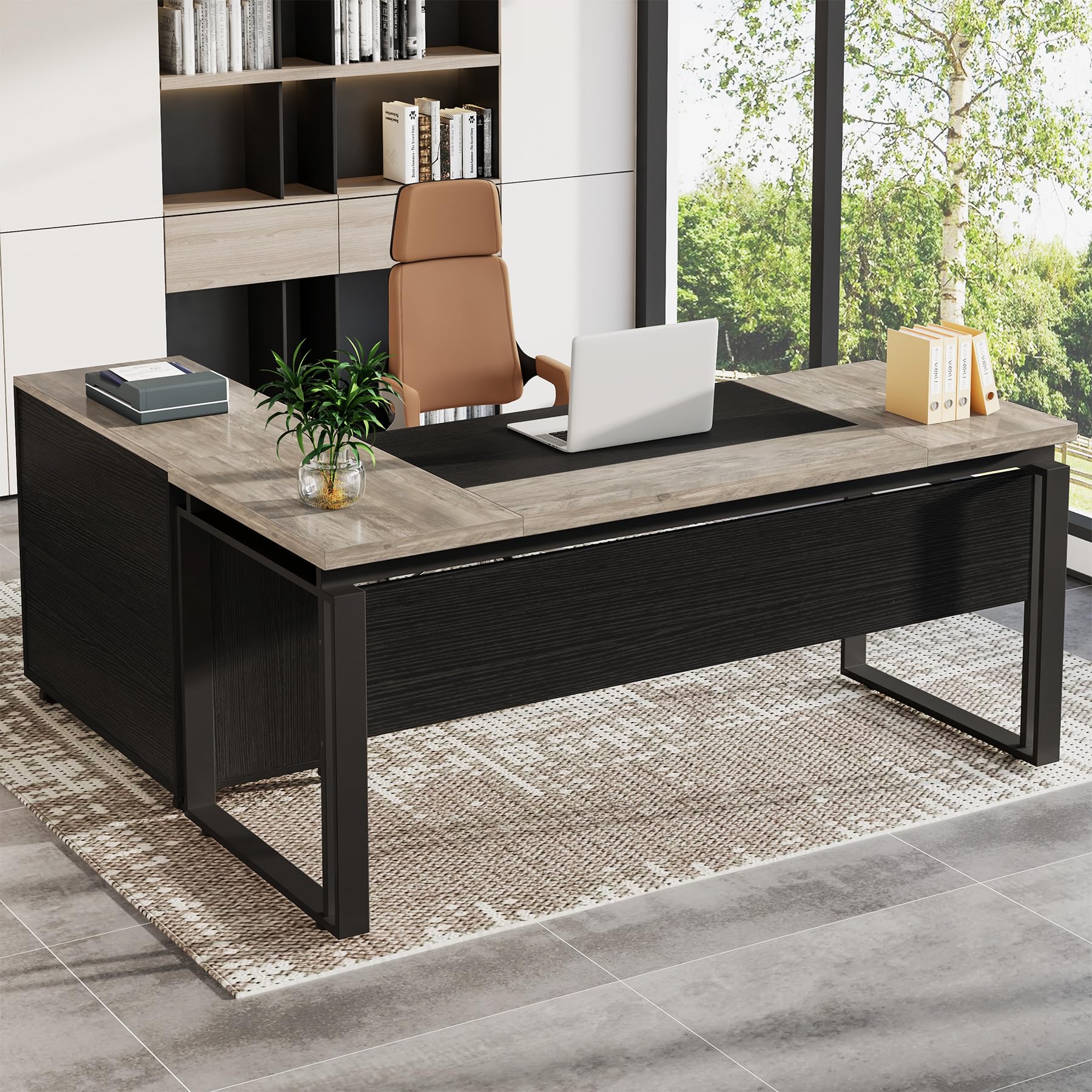Tribesigns L-Shaped Executive Desk with Reversible File Cabinet, 63" Office Desk with Storage Drawers, L-Shaped Computer Desk with Drawer Cabinet for Hanging Letter Size Files (Gray & Black)