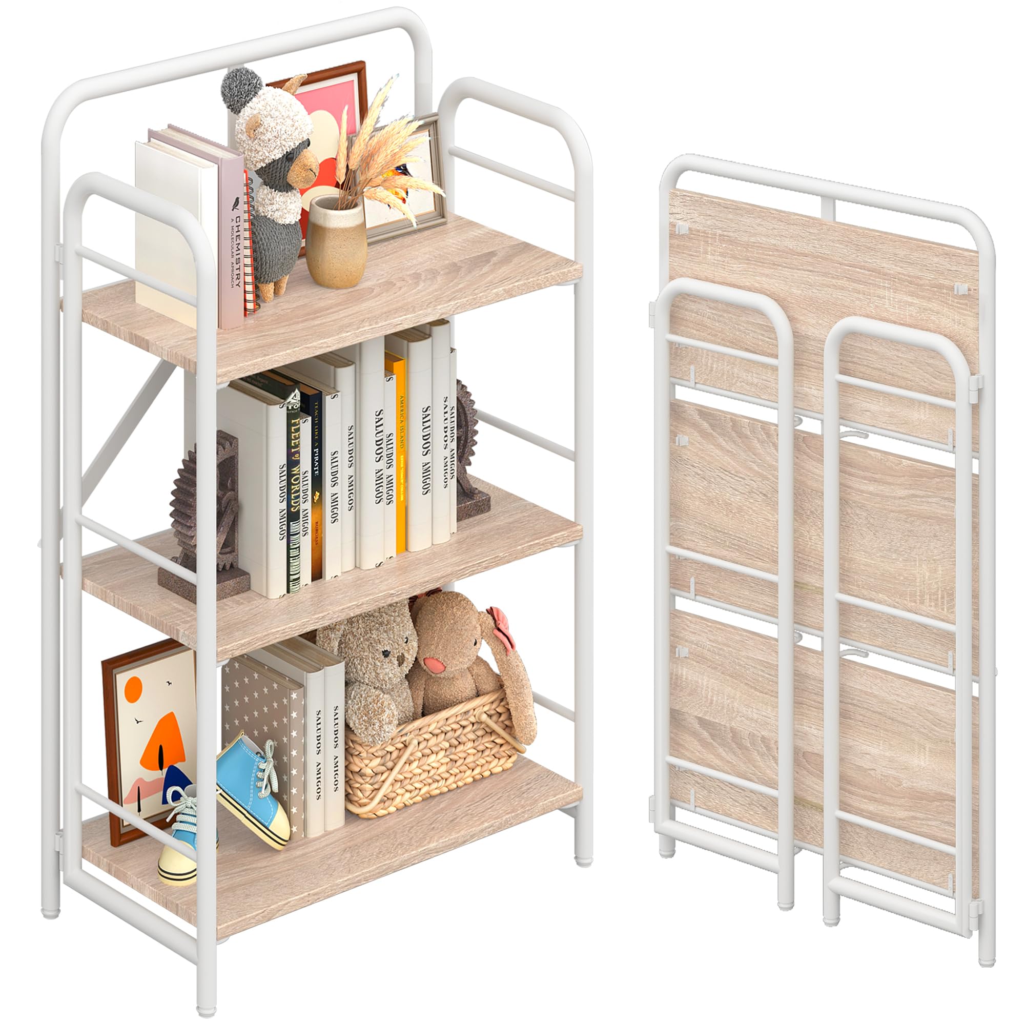 4NM No Assembly Folding Bookshelf, 3 Tiers Collapsible Book Shelves Open Industrial Foldable Storage Bookcase Shelf for Bedroom, Living Room, Home Office - Natural and White