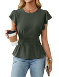 Blooming Jelly Women's Dressy Casual Blouses Business Ruffle Short Sleeve Tops Summer Crew Neck Smocked Shirts