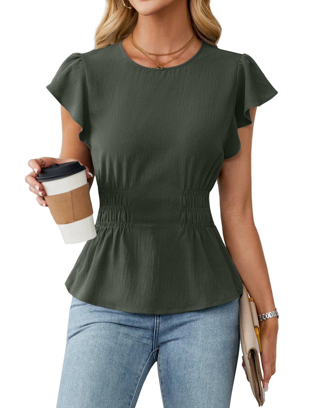 Blooming Jelly Women's Dressy Casual Blouses Business Ruffle Short Sleeve Tops Summer Crew Neck Smocked Shirts