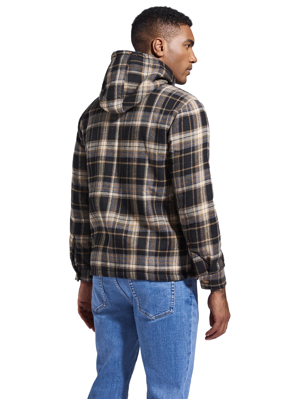 Men's Flannel Plaid Hooded Jackets Full Zip Sherpa Fleece Lined Hoodies Fashion Warm Coat