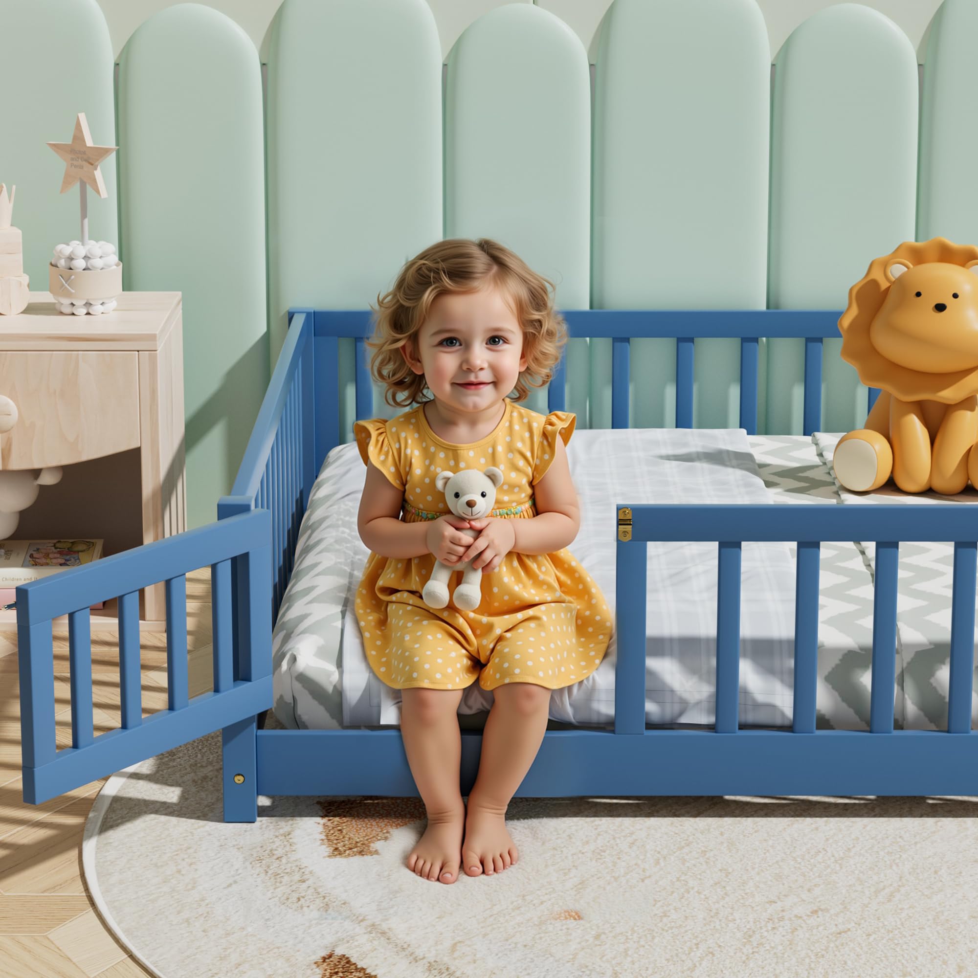 i-POOK Queen Floor Bed for Children, Sturdy Wood Montessori Bed Frame with Wood Slats, High Fence & Small Door for Girls and Boys, Espresso (with Bed Slats)
