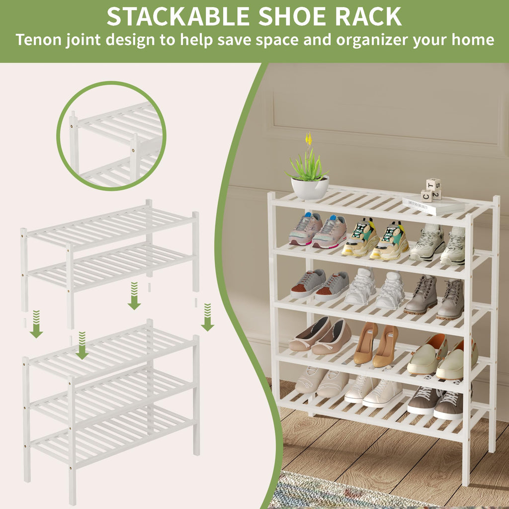 ROMGUAR CRAFT 2-Tier Bamboo Long Shoe Rack, Free Standing Wood Shoe Shelf Storage Organizer for Closet Entryway Stackable 35"x11"x13" (Black)