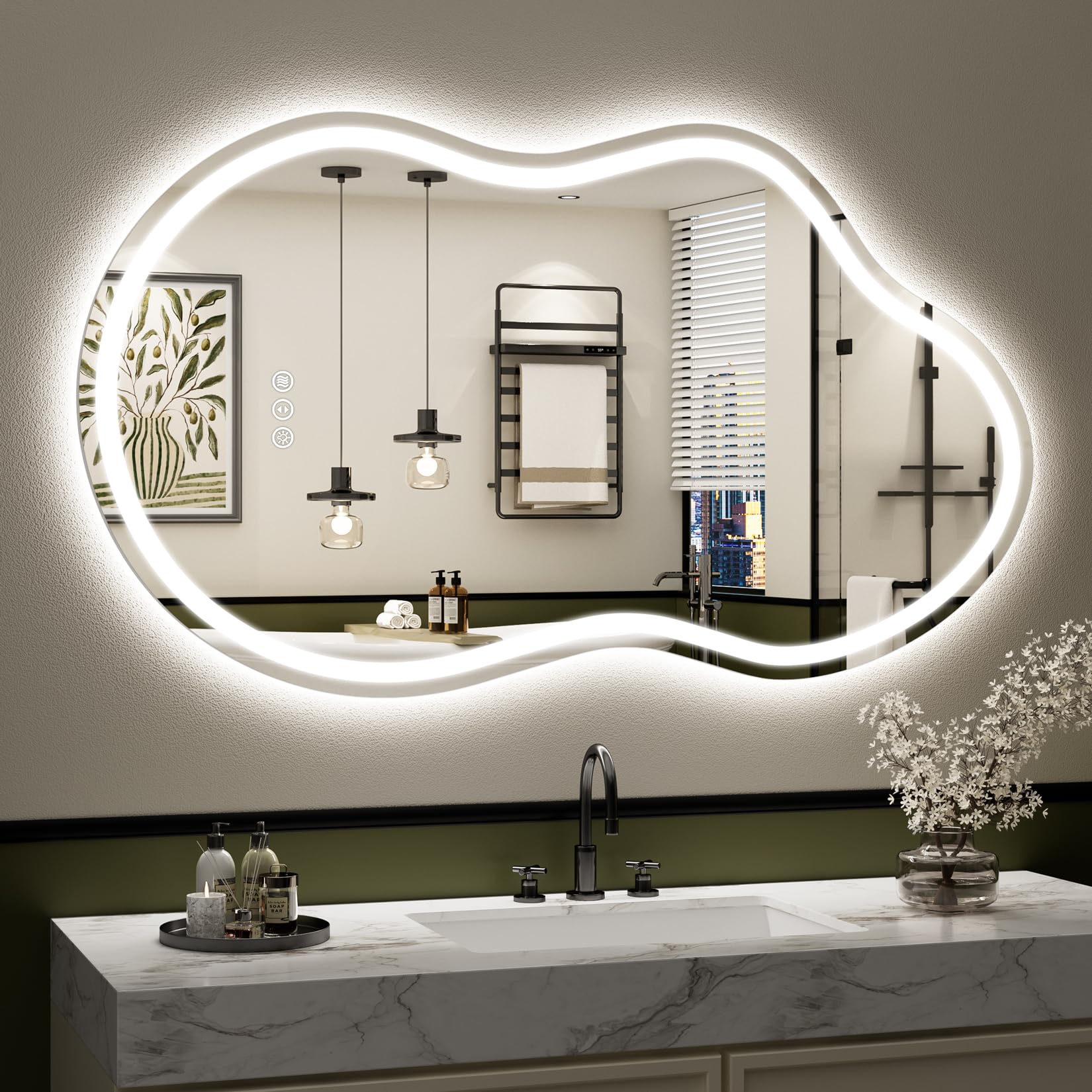 24x32 Black Framed LED Bathroom Mirror with Lights, Backlit and Front Lit Anti-Fog Lighted Vanity Mirrors for Bathroom Wall, Dimmable, 3 Colors, Memory, HD Tempered Glass, Horizontal/Vertical