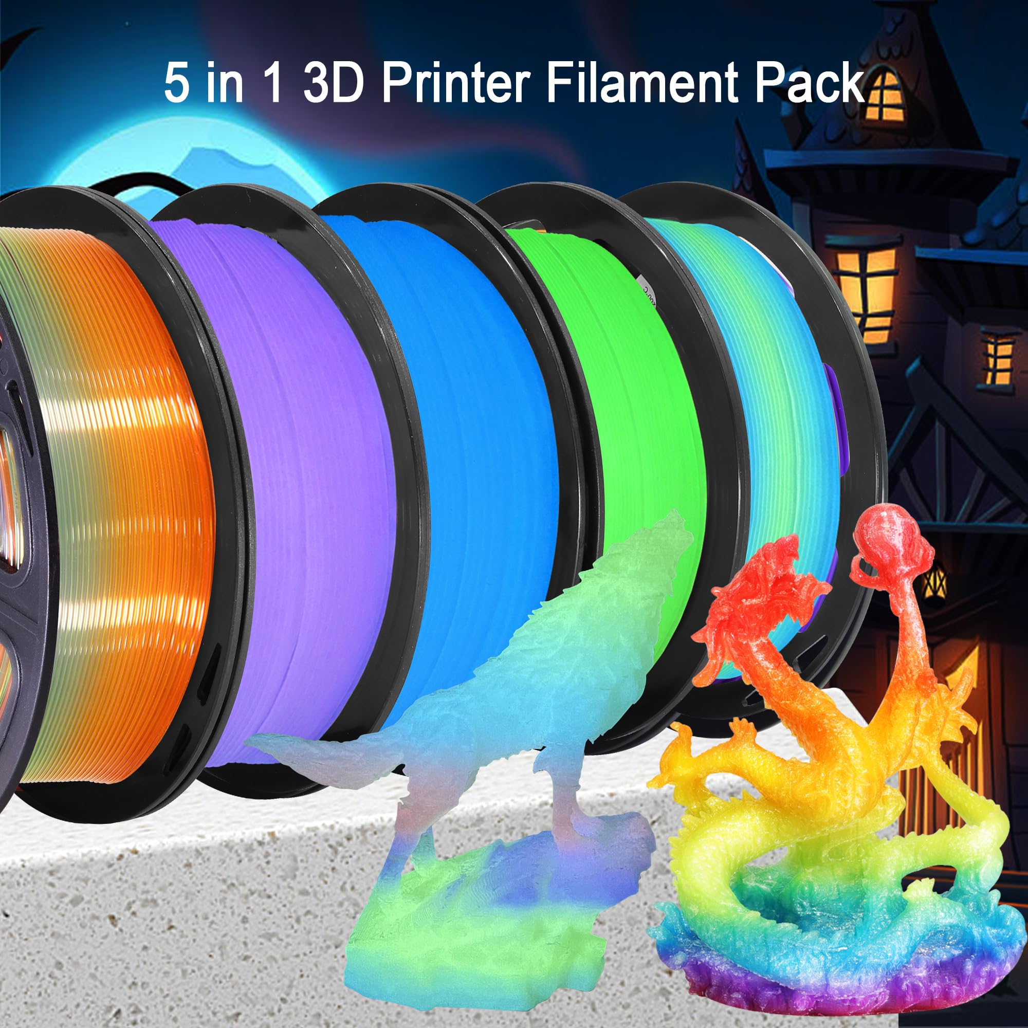 1.75mm PLA 3D Printer Filament Bundle: Glow in Dark Green/Blue/Purple/Rainbow, One Spool Clear Multi Colored, Each Spool 250g, Total 1.25Kg 3D Printing Material, 250g x 5 Spools Glow in Dark PLA