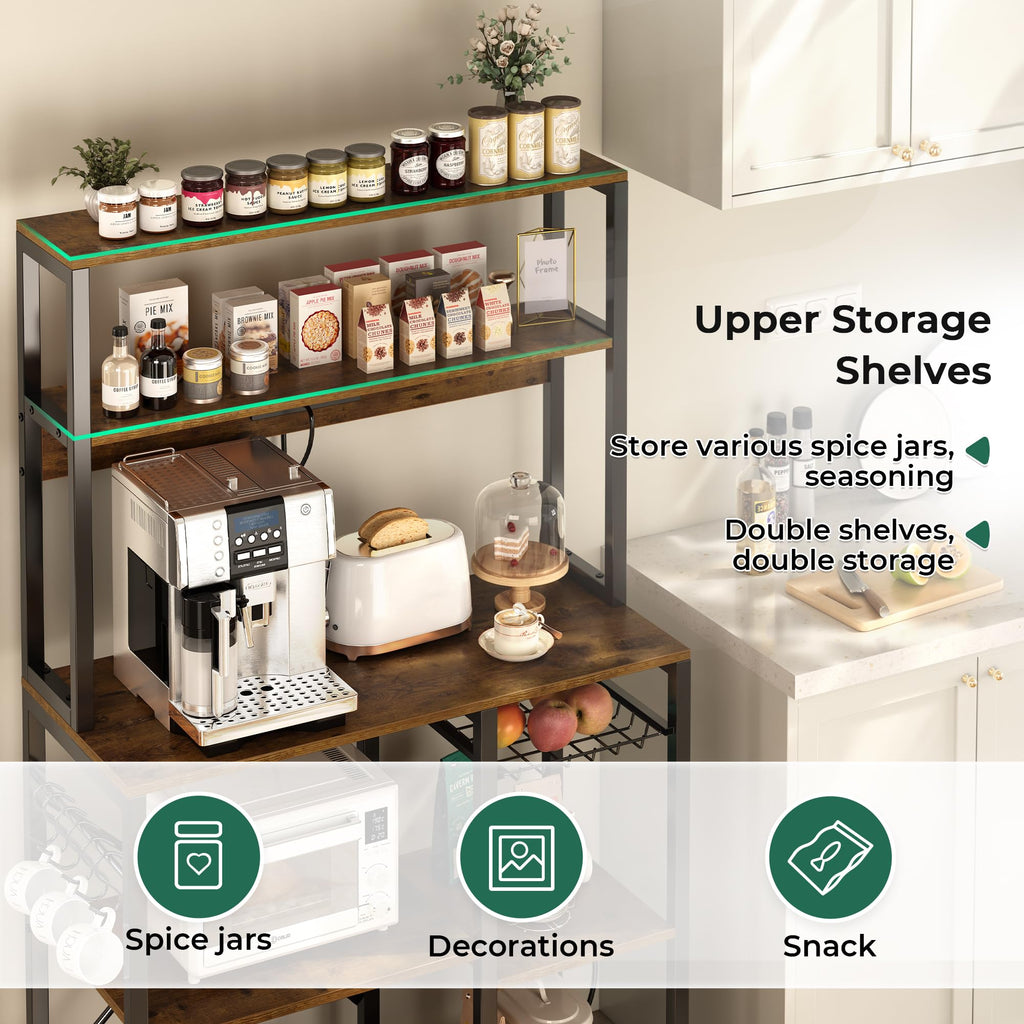 SUPERJARE Bakers Rack with Power Outlet, 35.4 Inches Coffee Bar with Wire Basket, Kitchen Microwave Stand with 6 S-Shaped Hooks, Open Storage Shelves, Black