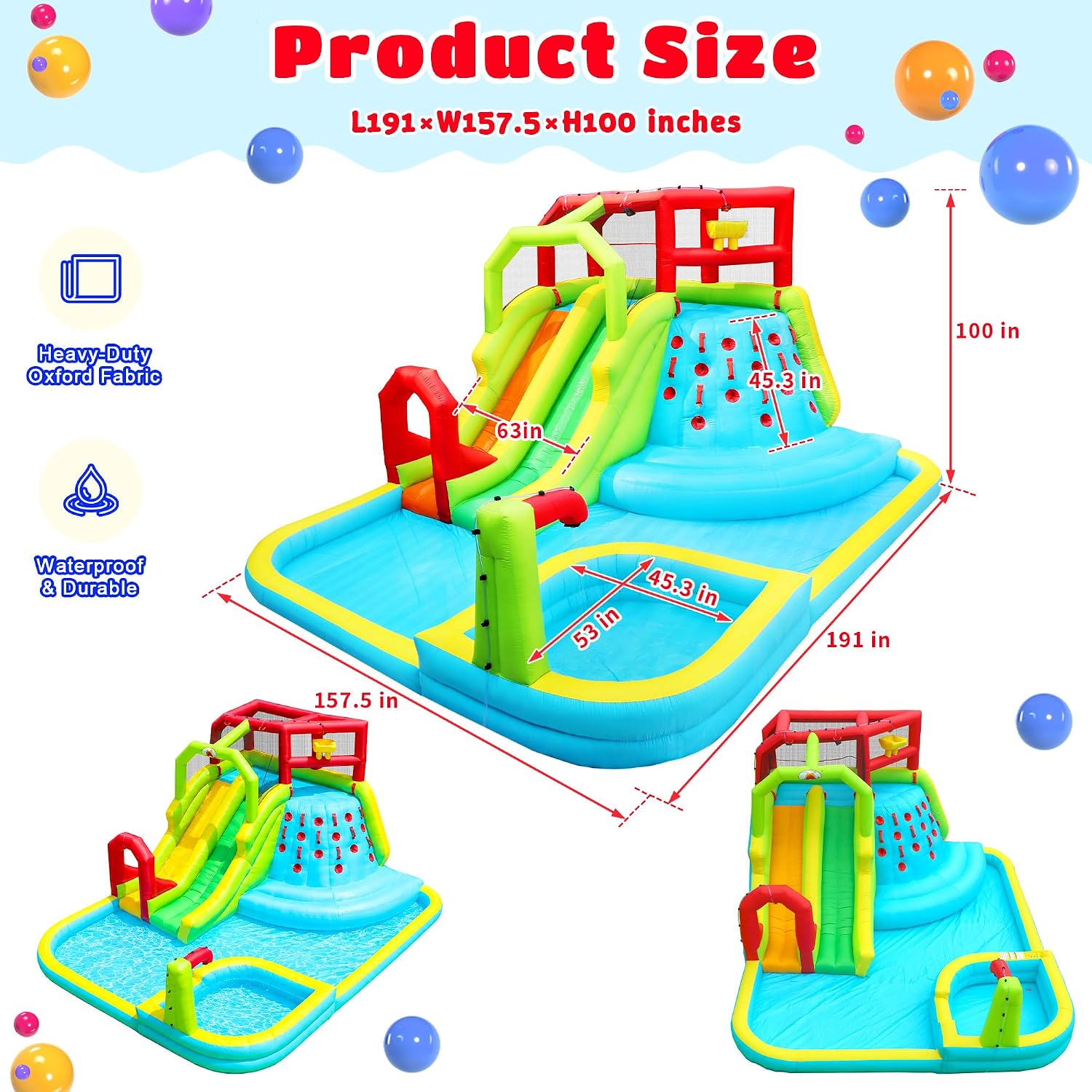 WELLFUNTIME Inflatable Water Slide Park, Bouncy Castle with Deep Pool, 191 x 157.5 x 100 Inch, Jumping Castle with Air Blower