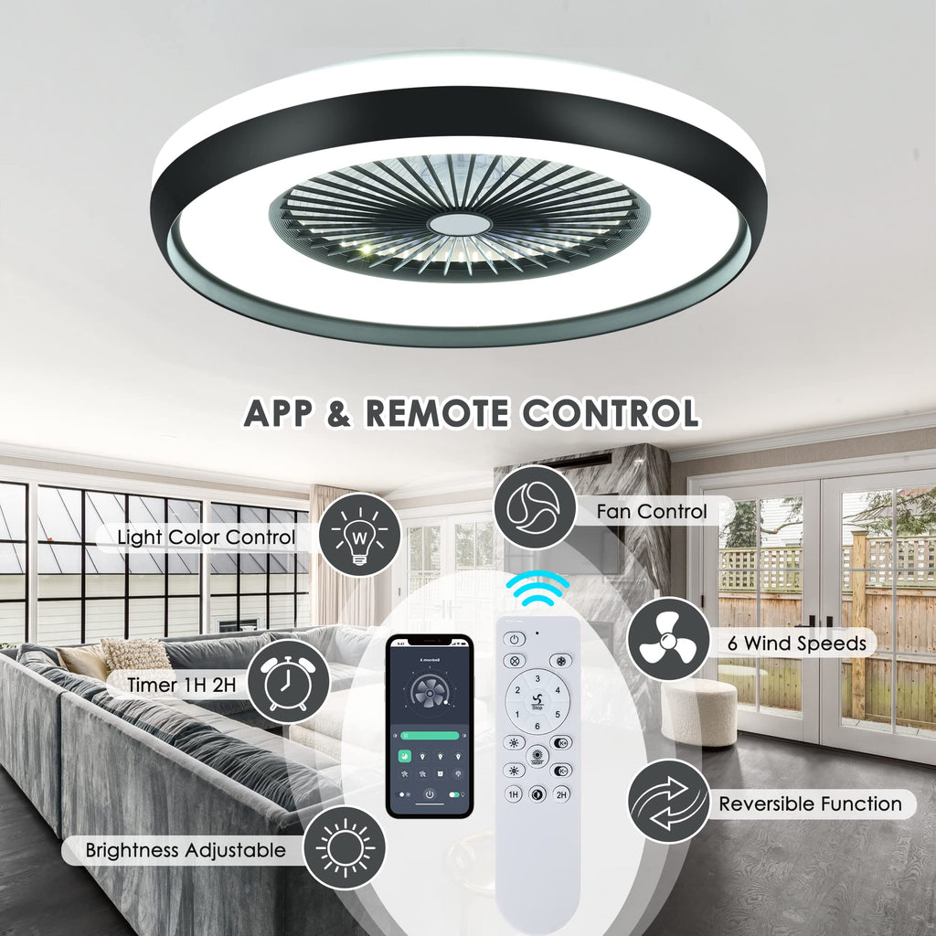 24" Bladeless Ceiling Fan with Light Remote, Smart LED Ceiling Fans with App Control, Modern Low Profile Dimmable Light Ceiling Fan for Bedroom Living Room Gold