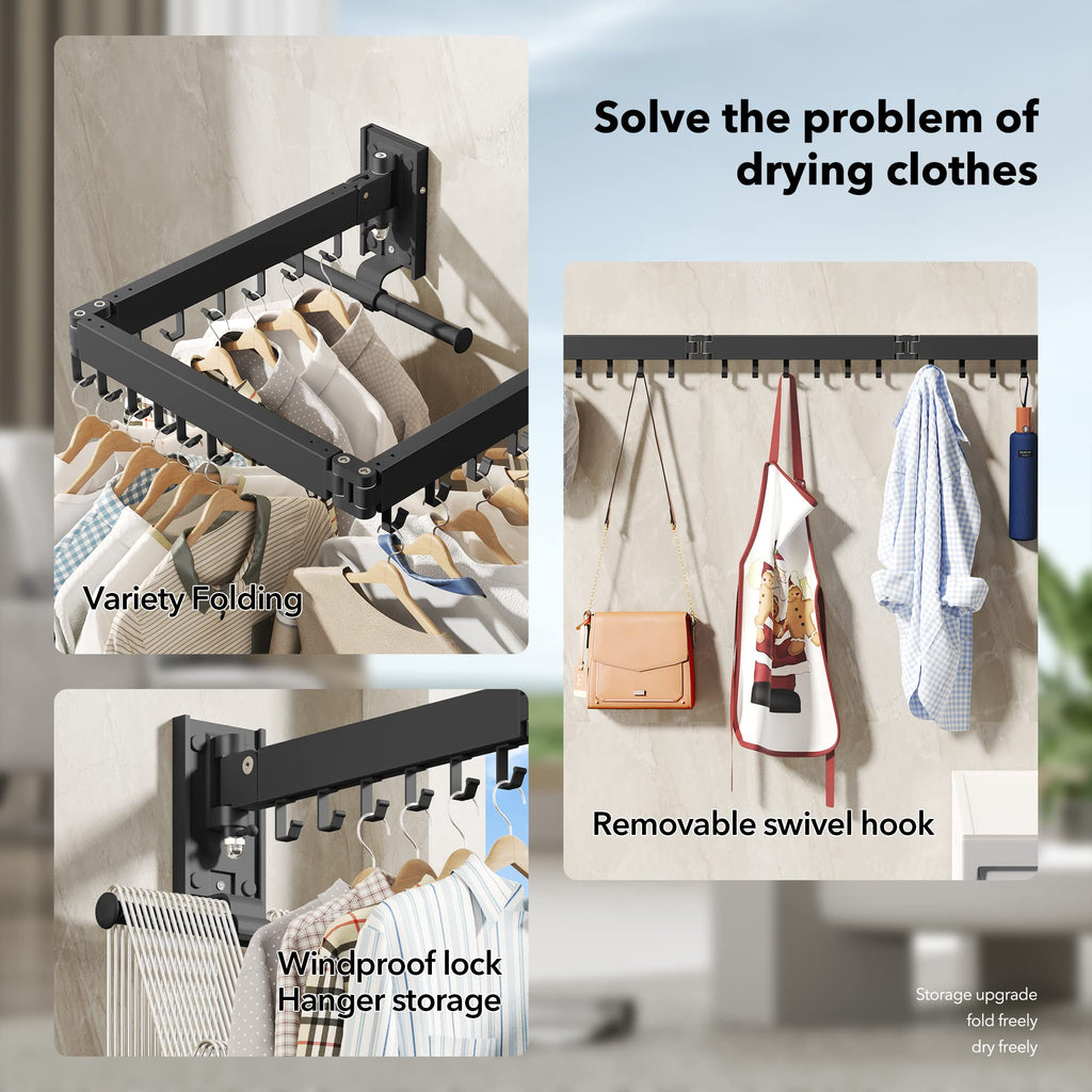 BOQORAD Clothes Drying Rack,Drying Rack Clothing,Luandry Drying Rack,Clothes Hanger Rack,Wall Mounted Luandry Rack,Folding Retractable,Frosted Stone Black Classic,ms-01