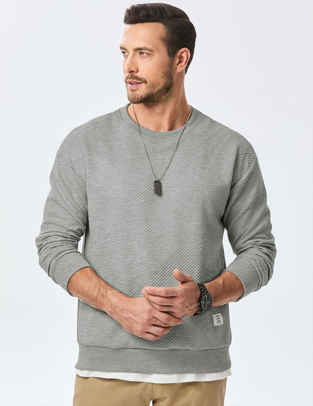 Dokotoo Men Men's Crewneck Sweatshirts Soild Color Geometric Texture Long Sleeve Casual Pullover Shirt