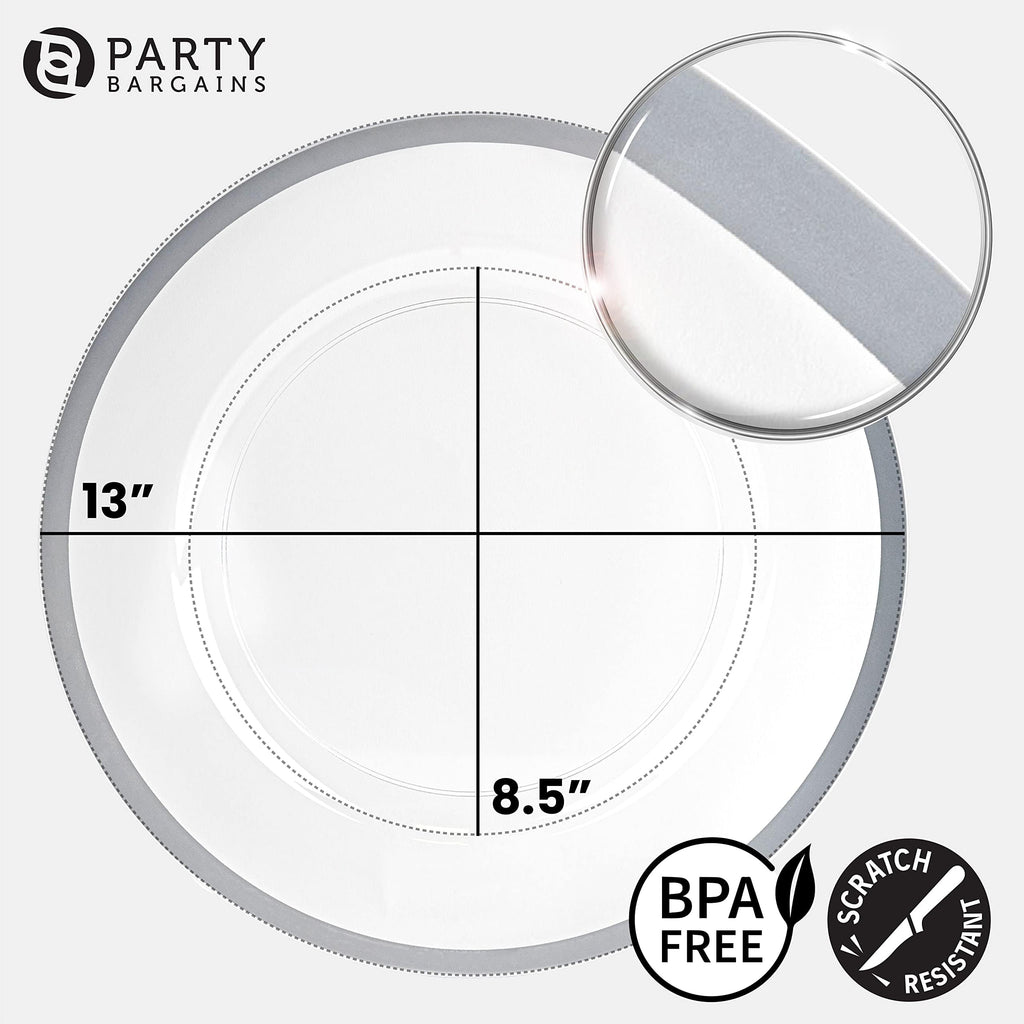 PARTY BARGAINS 13-Inch Charger Plates - 96 Pack, Clear Gold Rim, Heavy-Duty Disposable Chargers for Elegant Dining - Ideal for Weddings and Formal Events