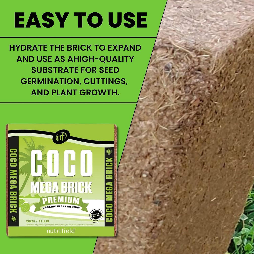 Coco Mega Brick 5kg | Compressed Coconut Coir Block Expands to 55L | Premium Quality Hydroponic Growing Medium, Pre-Buffered, Low EC Substrate for Indoor Outdoor Plants