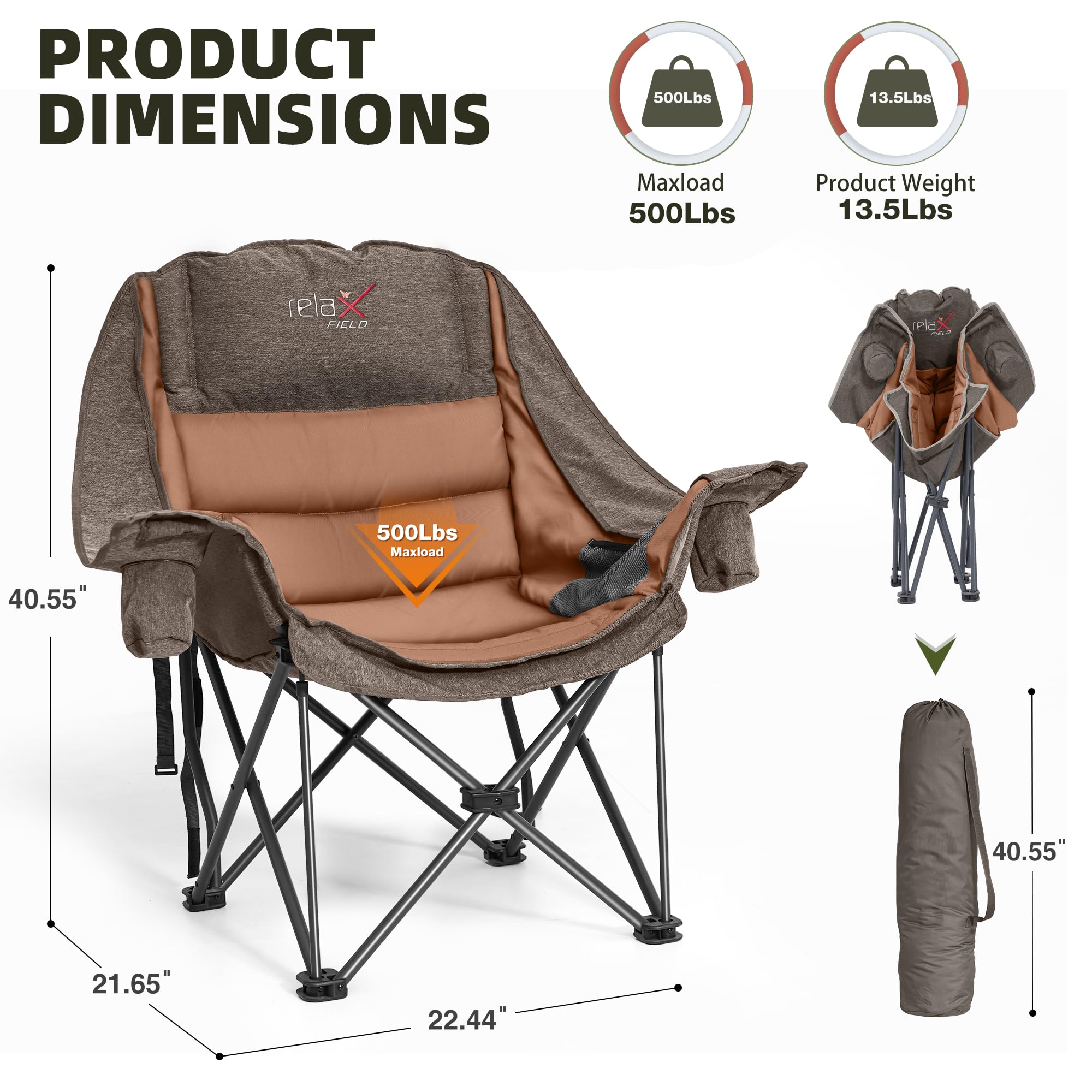 Double Camping Chair Heavy Duty Oversized Padded Loveseat for Adults 2 Person Outdoor Portable Camping Chairs for Lawn, Backyard, Fishing, Trip, Support 600lbs, Grey